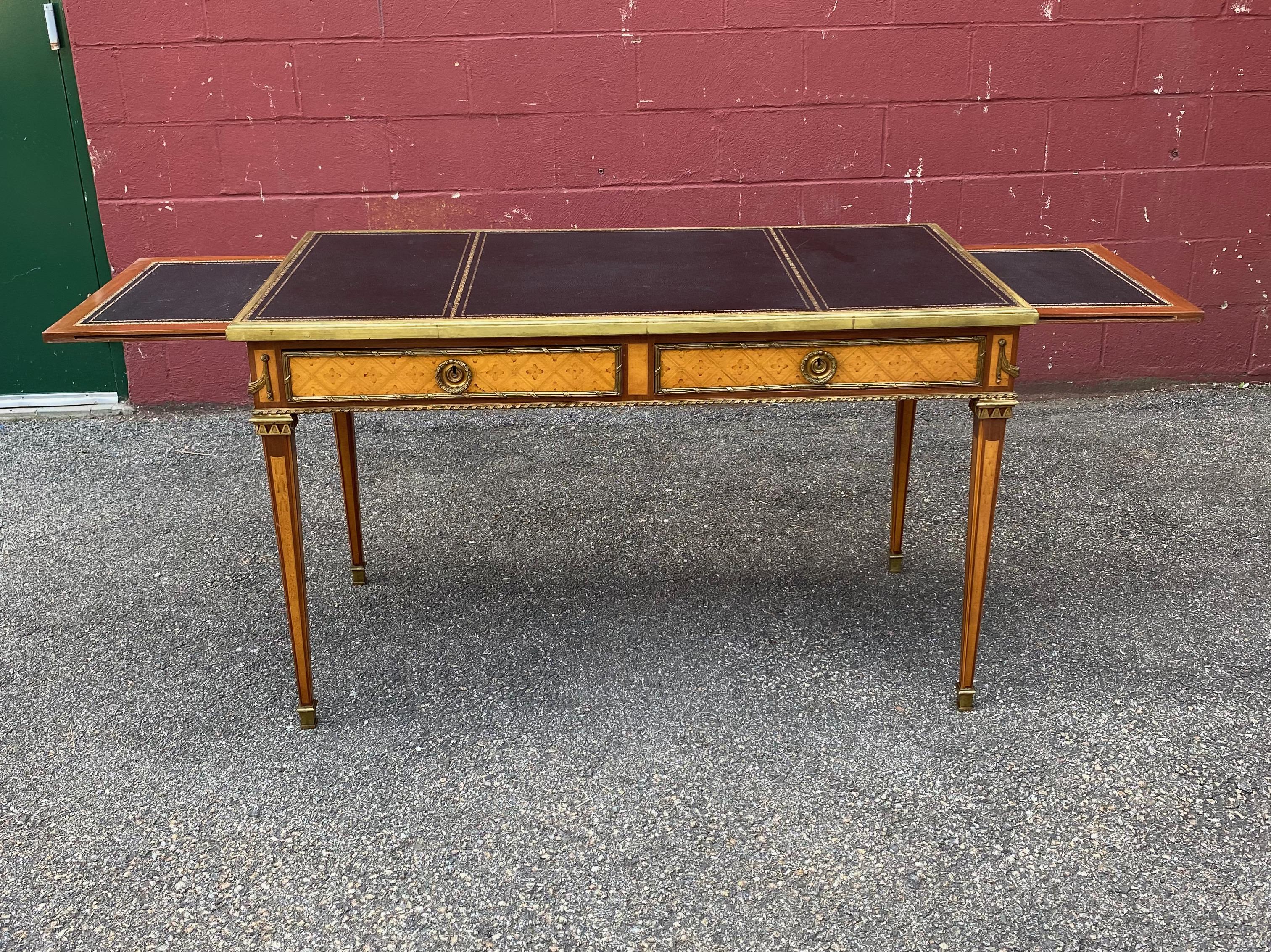 Mid-20th Century Writing Desk with Inlays and Leather Top