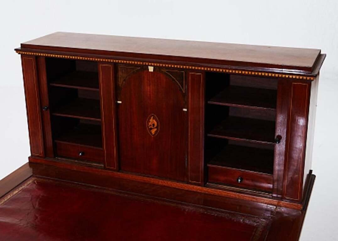 Brass Writing Desk with Red Leather Writing Board, a Drawer, and Shelving For Sale