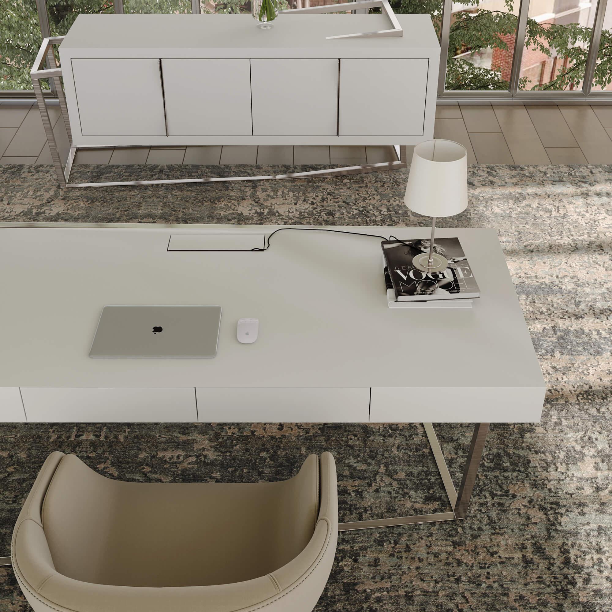 Moderner Schreibtisch für das Heimbüro Weiß lackiert, gebürsteter Edelstahl (Gebürstet) im Angebot