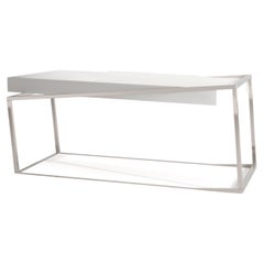 Home Office Writing Executive Desk in White Lacquer and Brushed Stainless Steel