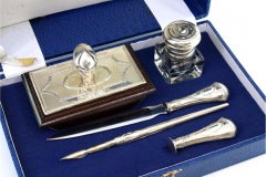 Writing set with blotter, inkwell, opener, seal, pen and original case