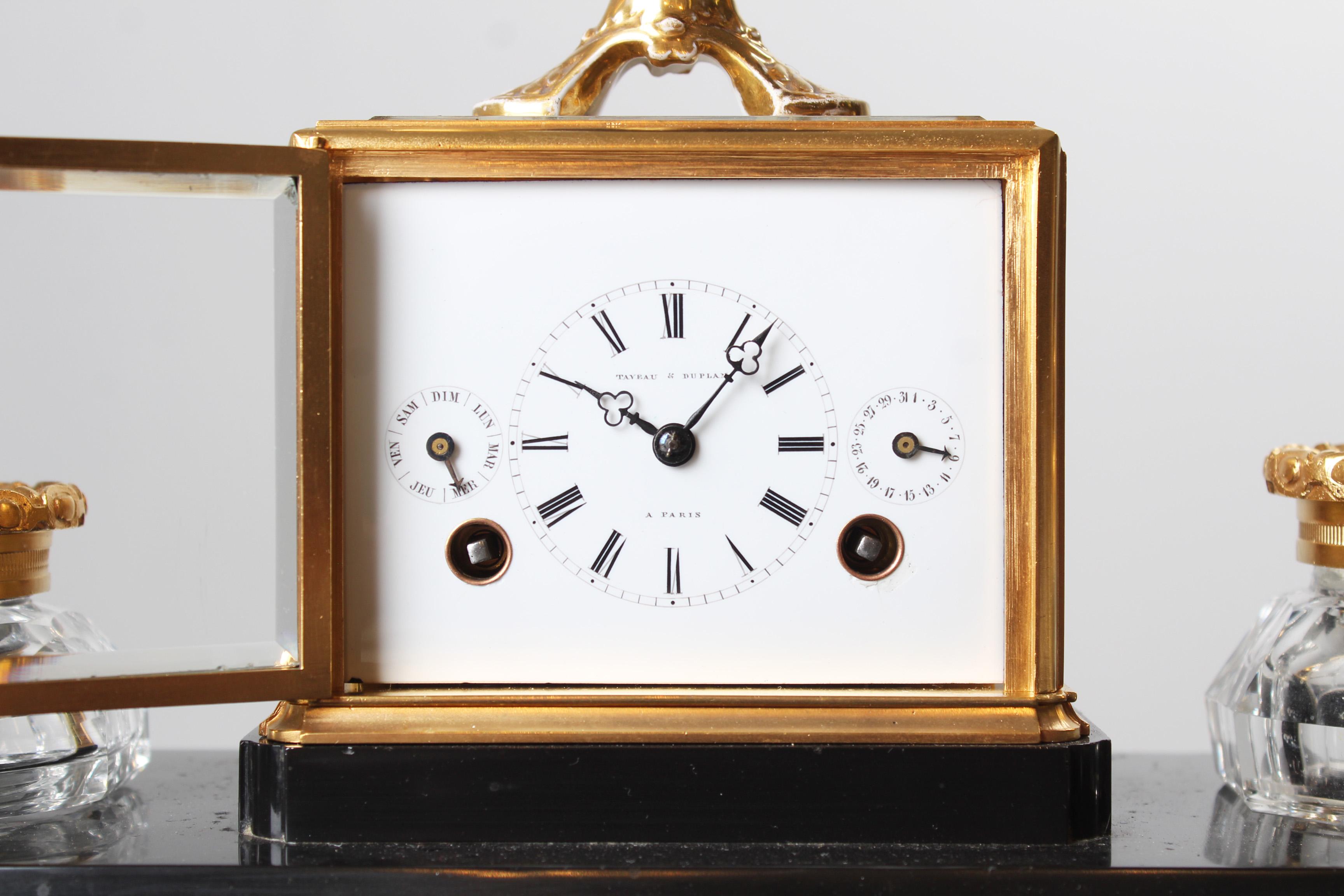 French Writing Set with Desk Clock, Carriage, Pendulette, Paris, Signed Moser, C. 1850