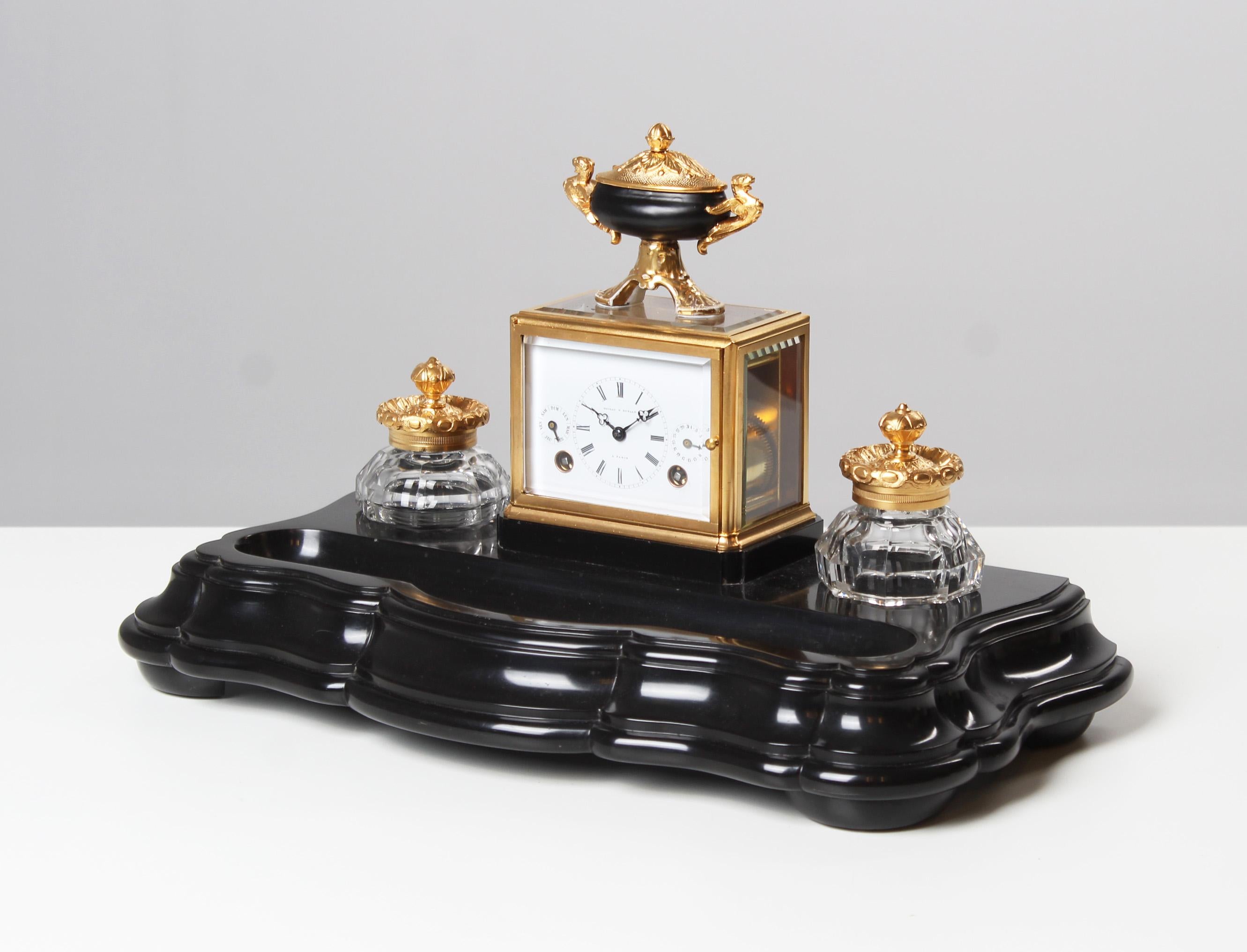 Brass Writing Set with Desk Clock, Carriage, Pendulette, Paris, Signed Moser, C. 1850