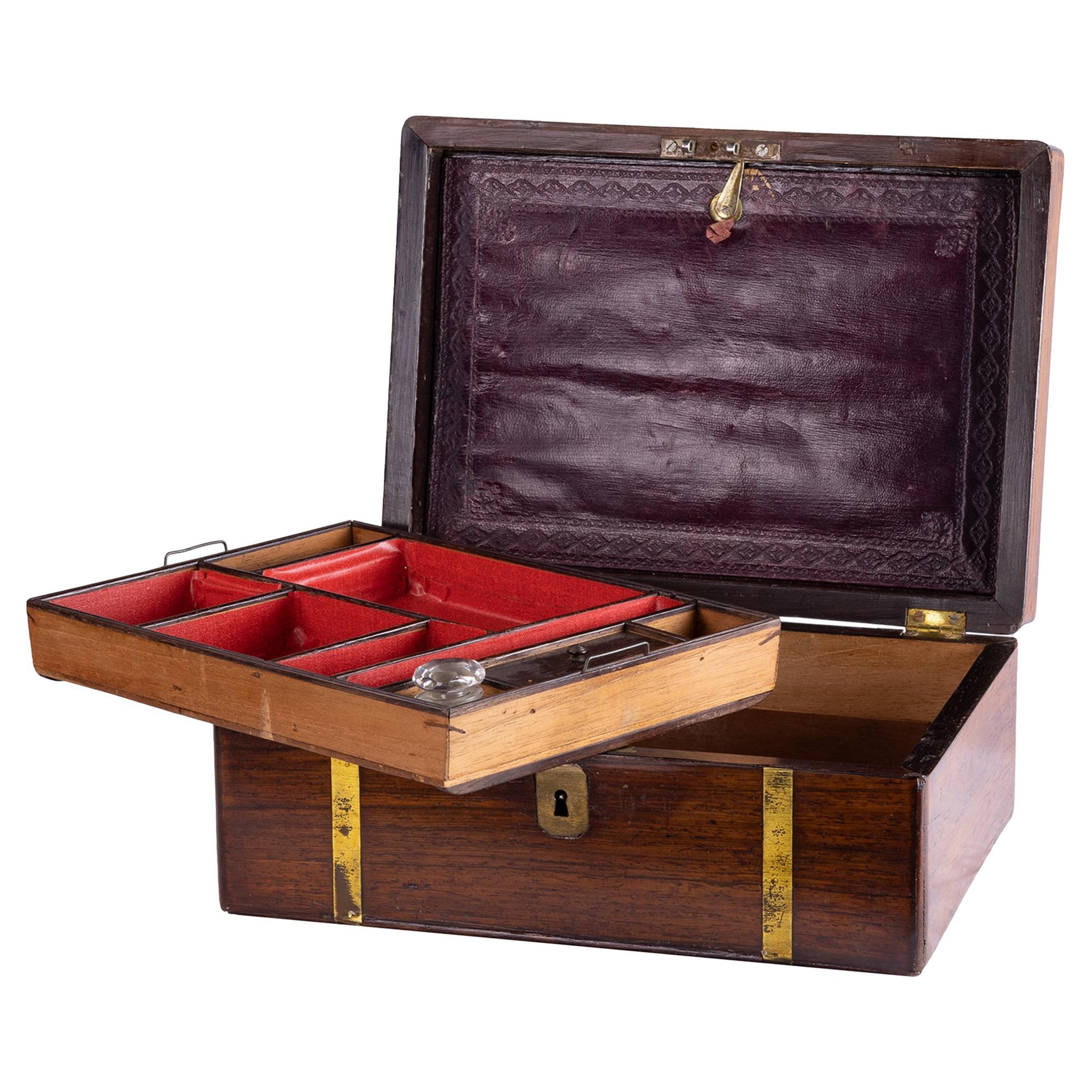 Writing Slope Box, Brass Mounted, English, 19th Century For Sale