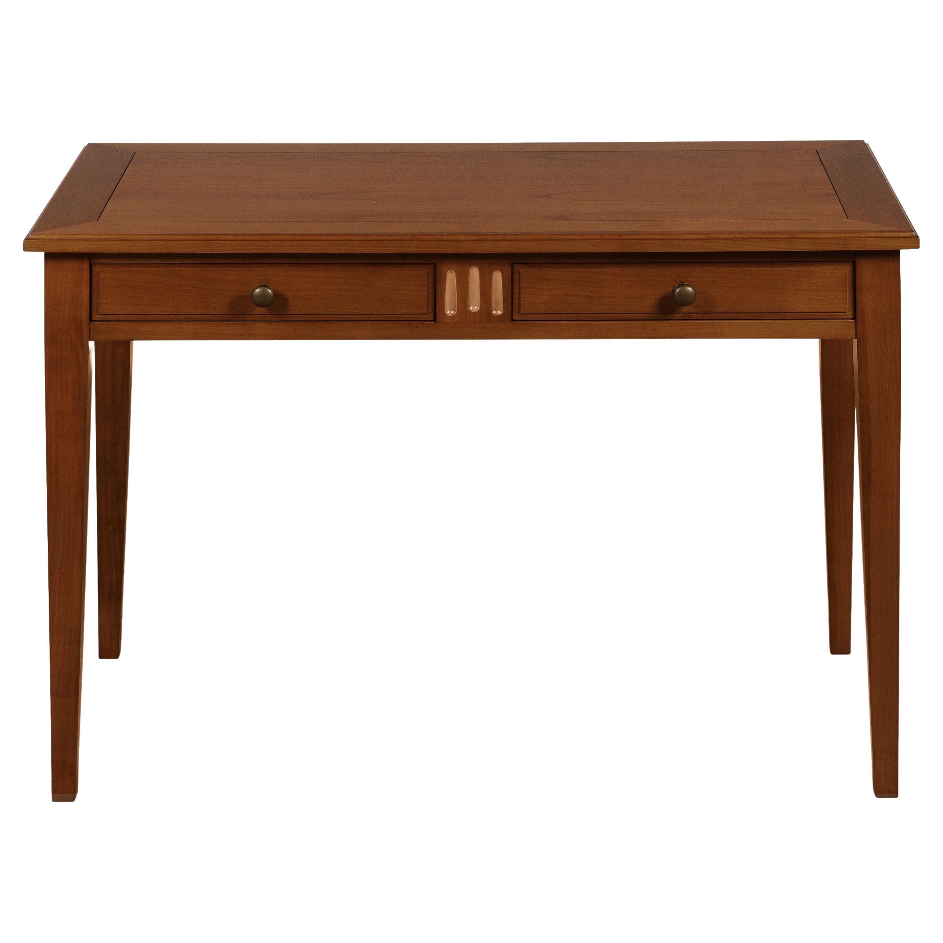 '900 Style Wooden Desk in Cherry Wood with Leather Top and Drawers, by