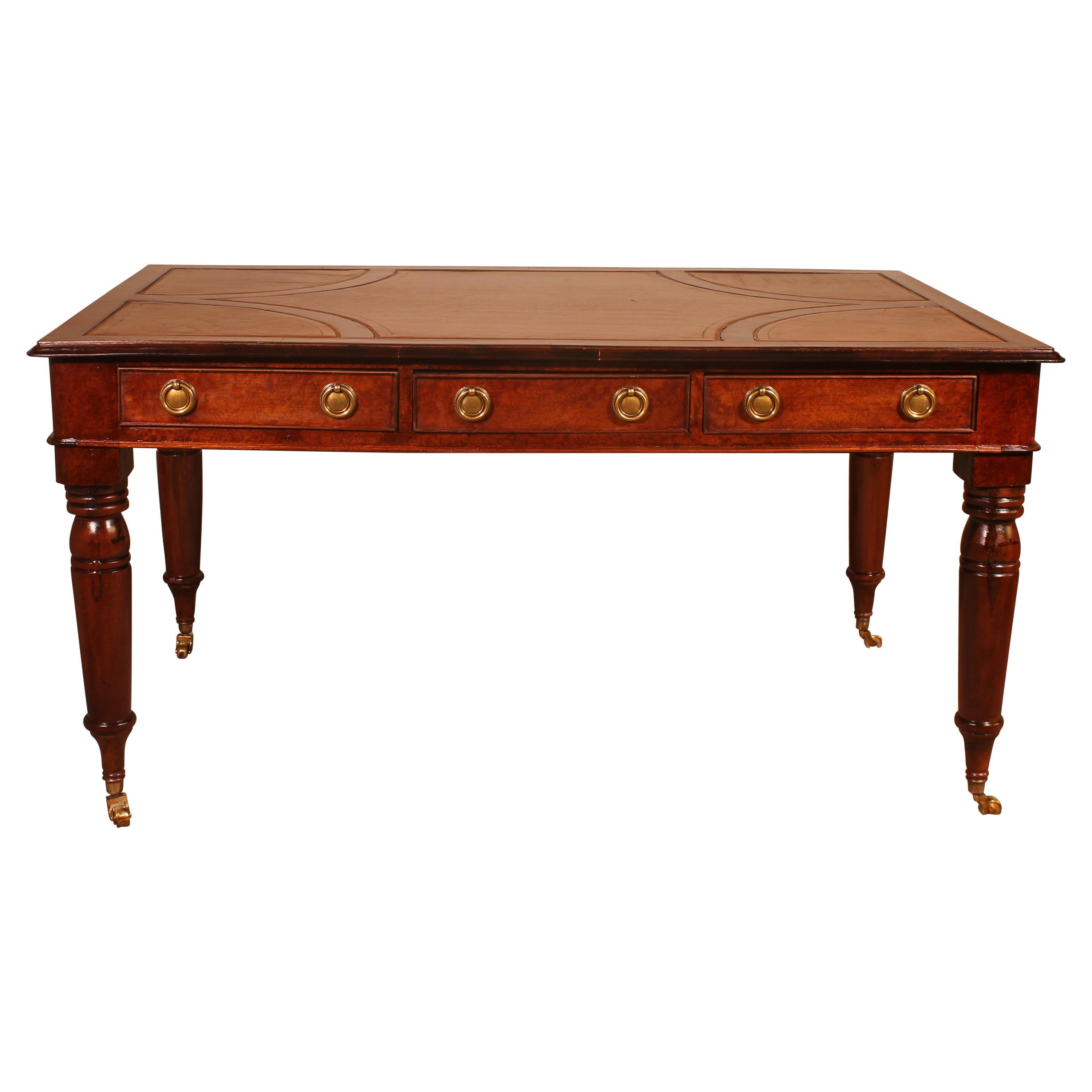 Writing Table/Desk with Three Drawers in Burl Walnut and Mahogany-19th Century