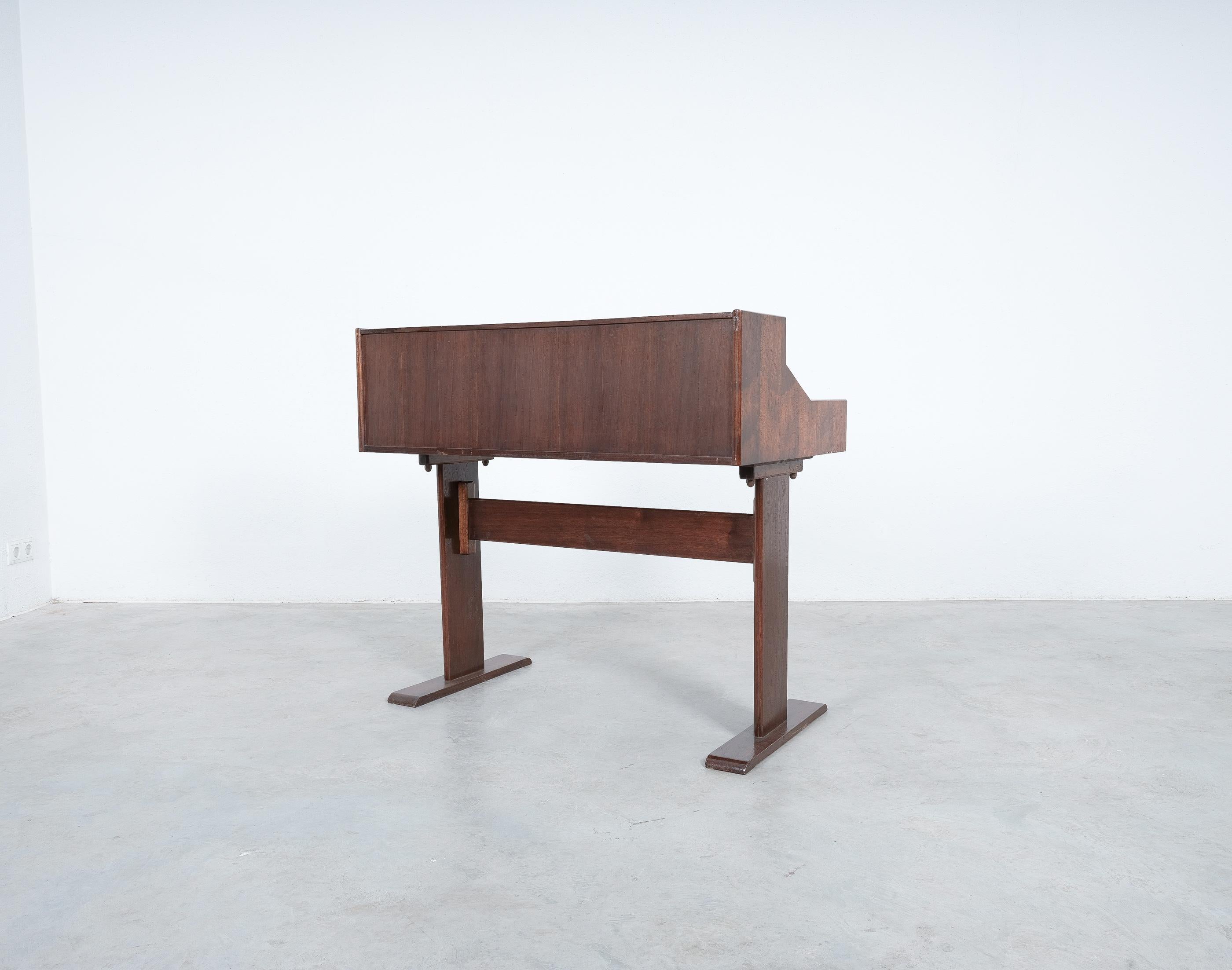 Marquetry Writing Table or Desk in Teak Veneer Wood, Italy For Sale