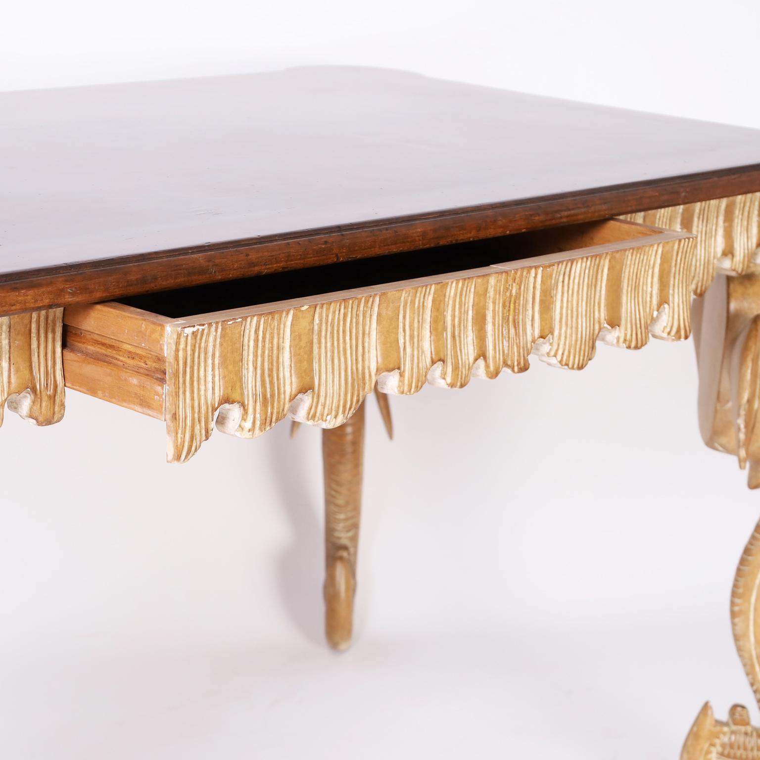 Hand-Carved Writing Table with Elephant Head Legs For Sale