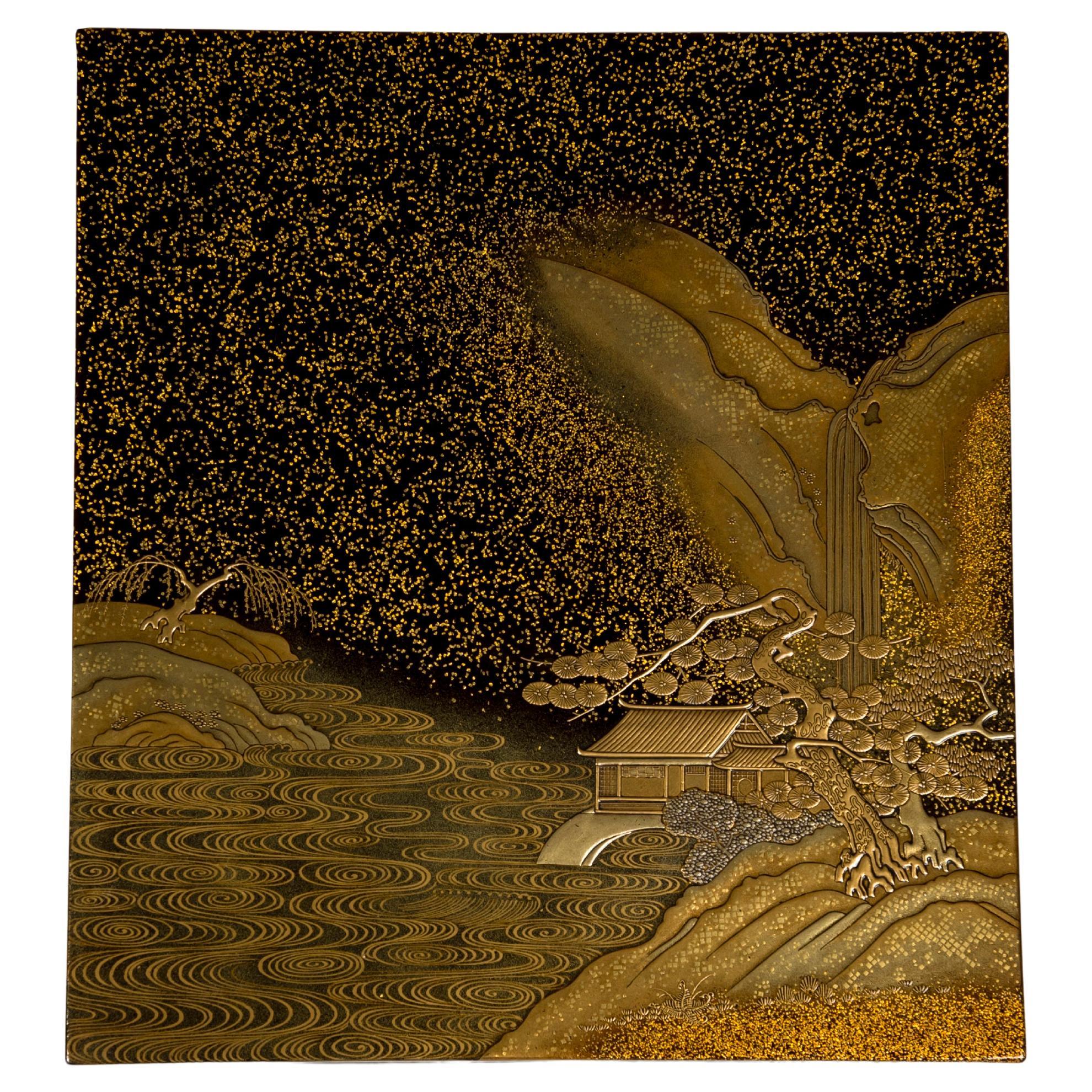 Writting box or Suzuribako in black and gold lacquer of a karstic landscape For Sale