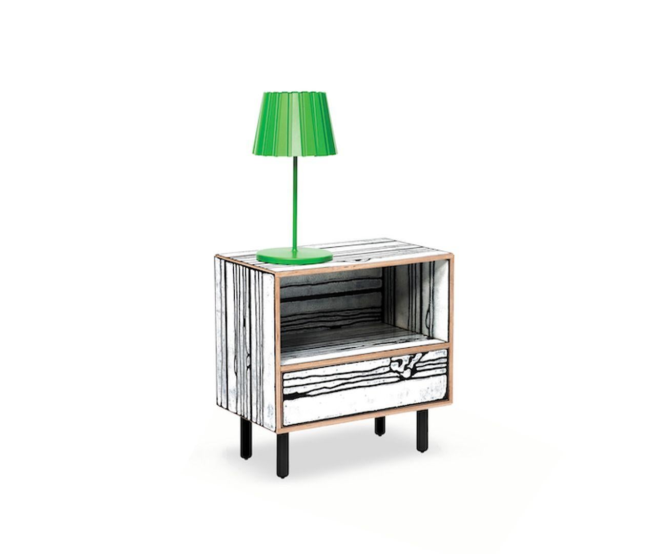 WRONGWOODS
Sebastian Wrong & Richard Woods
Richard Woods’ strikingly colourful wood-grain block prints are applied to Sebastian Wrong’s utilitarian furniture – reminiscent of mid-century designs – in this seminal collaboration between artist and