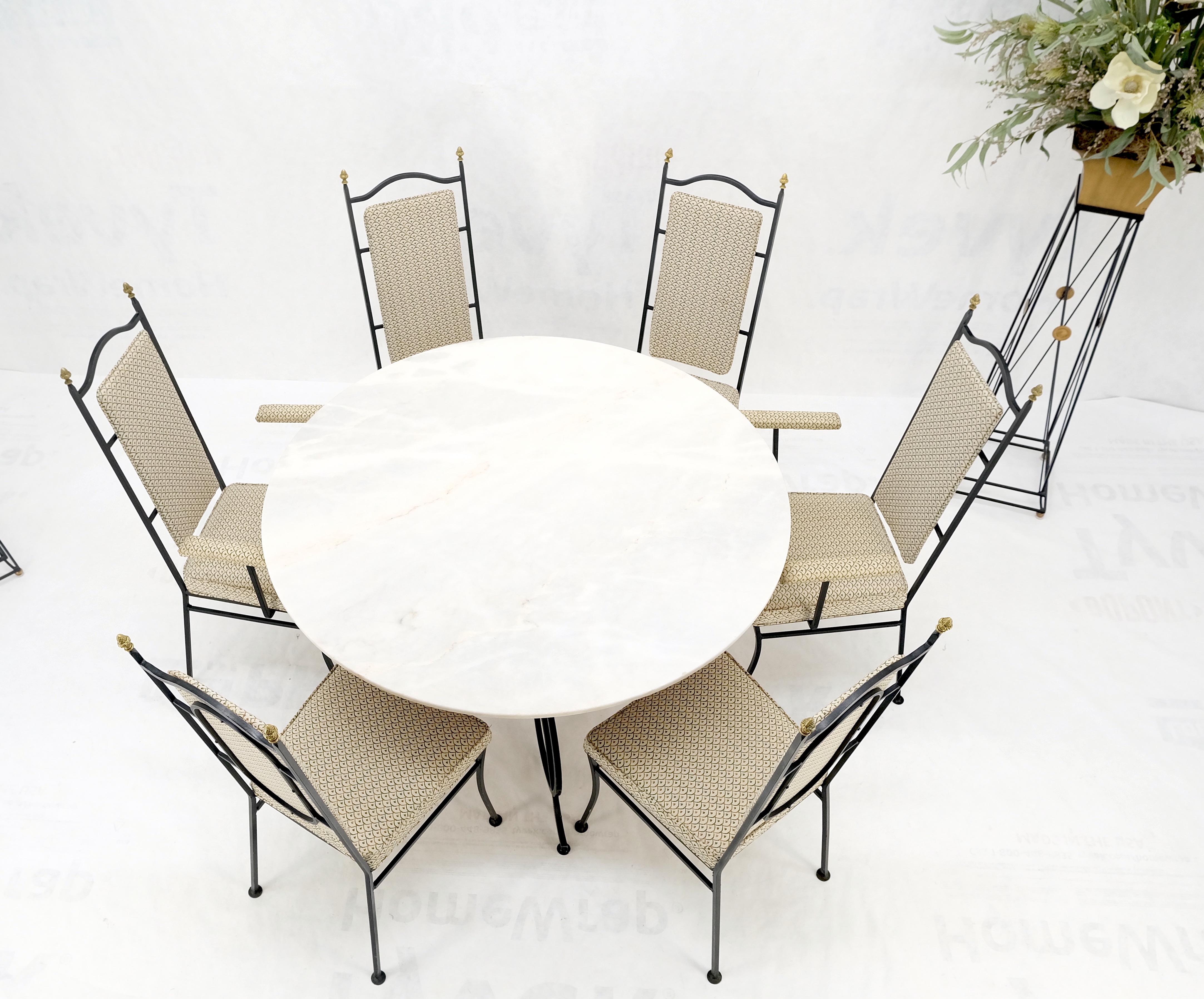 Wrough Iron Round White Marble Top Dining Table 6 Chairs w/ Brass Finials Set  For Sale 8