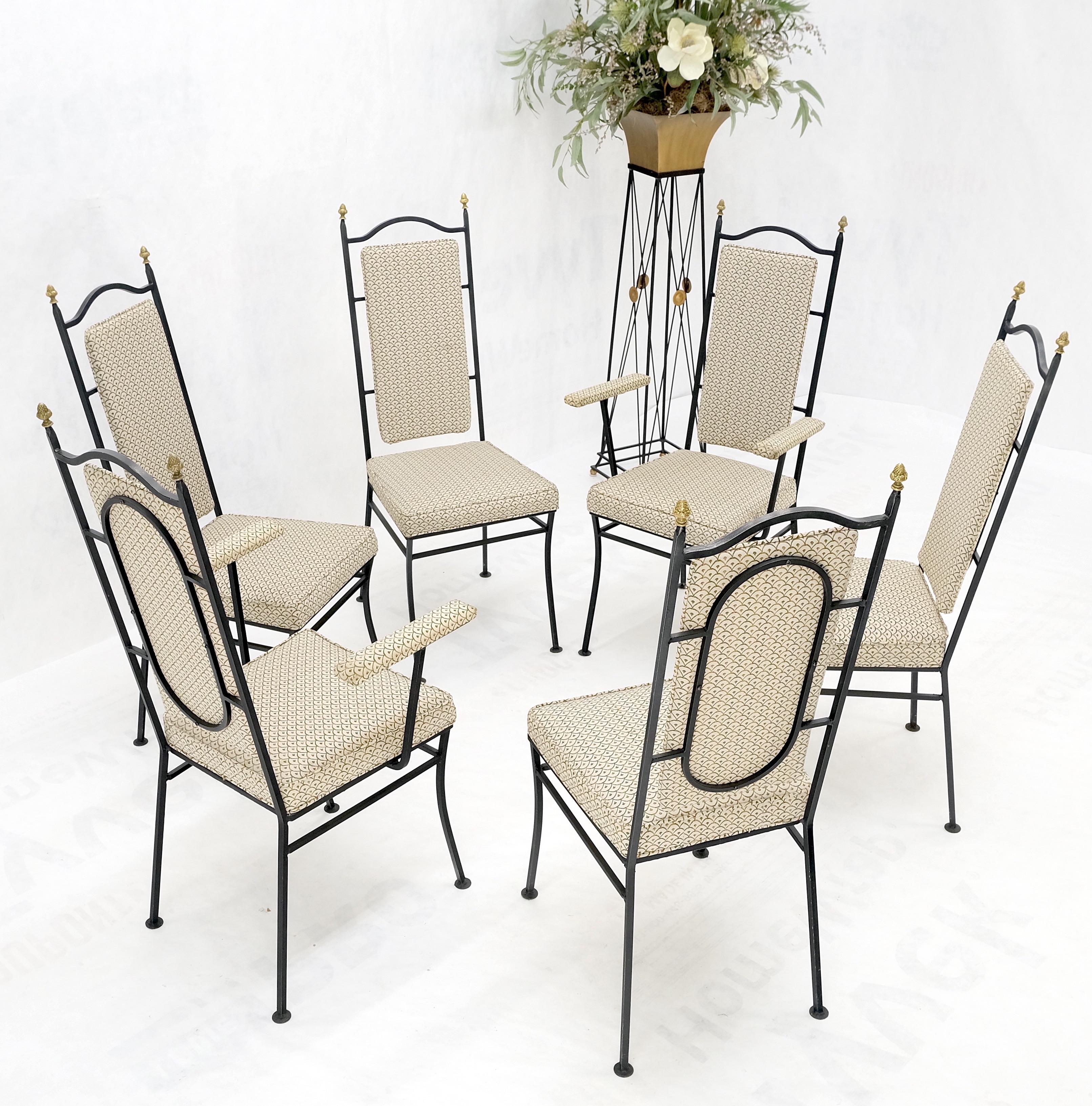 Wrough Iron Round White Marble Top Dining Table 6 Chairs w/ Brass Finials Set  For Sale 11