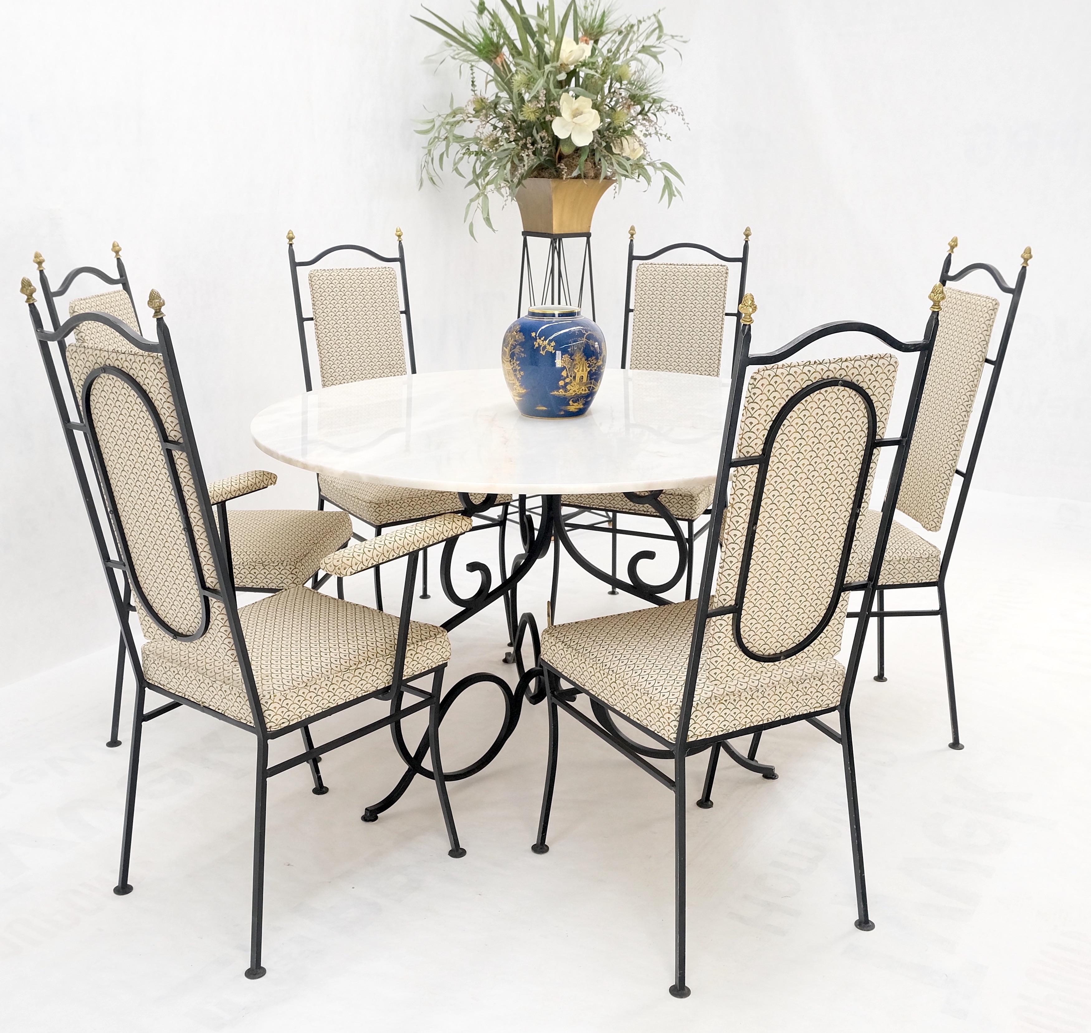 American Wrough Iron Round White Marble Top Dining Table 6 Chairs w/ Brass Finials Set  For Sale