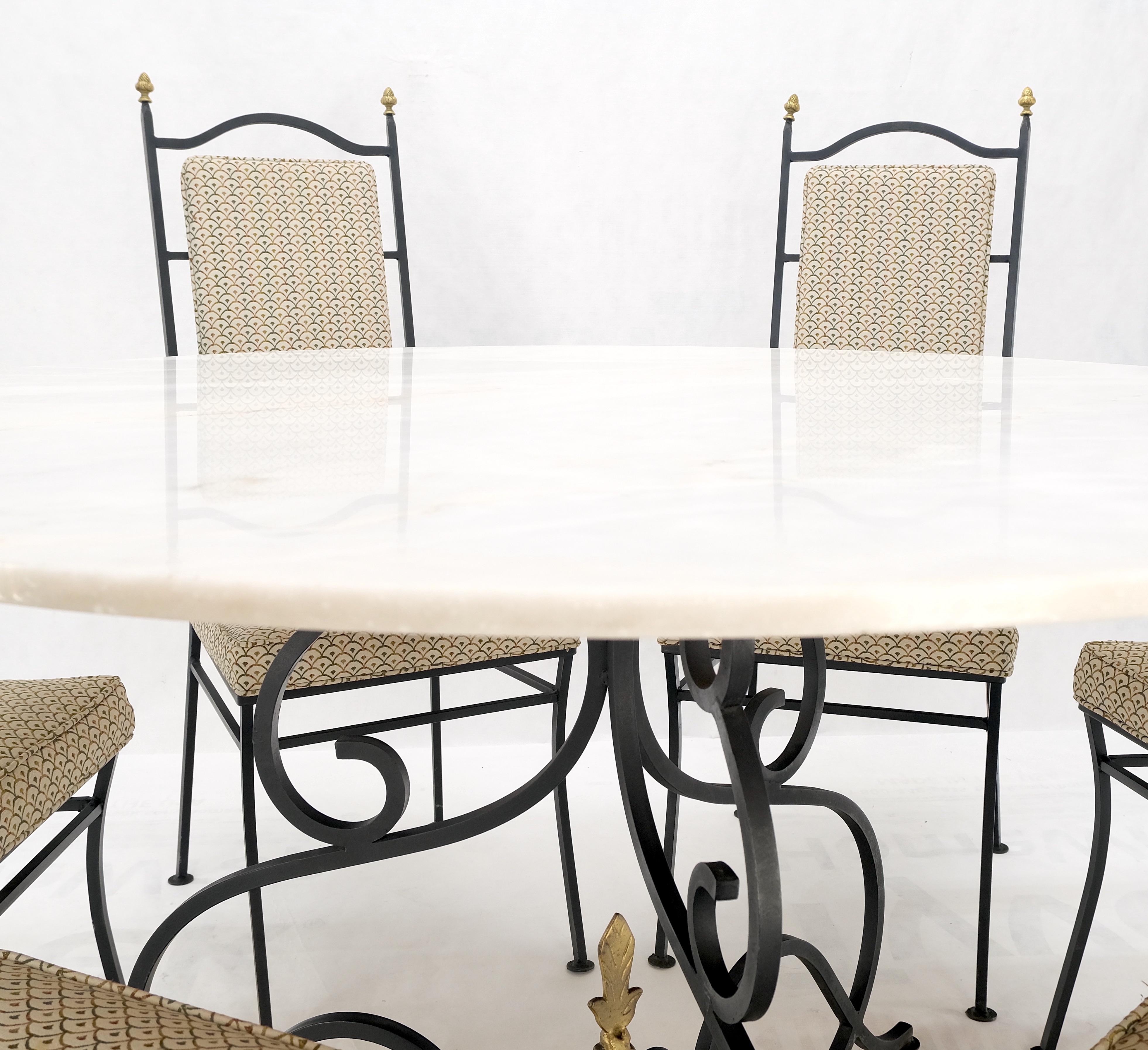 20th Century Wrough Iron Round White Marble Top Dining Table 6 Chairs w/ Brass Finials Set  For Sale