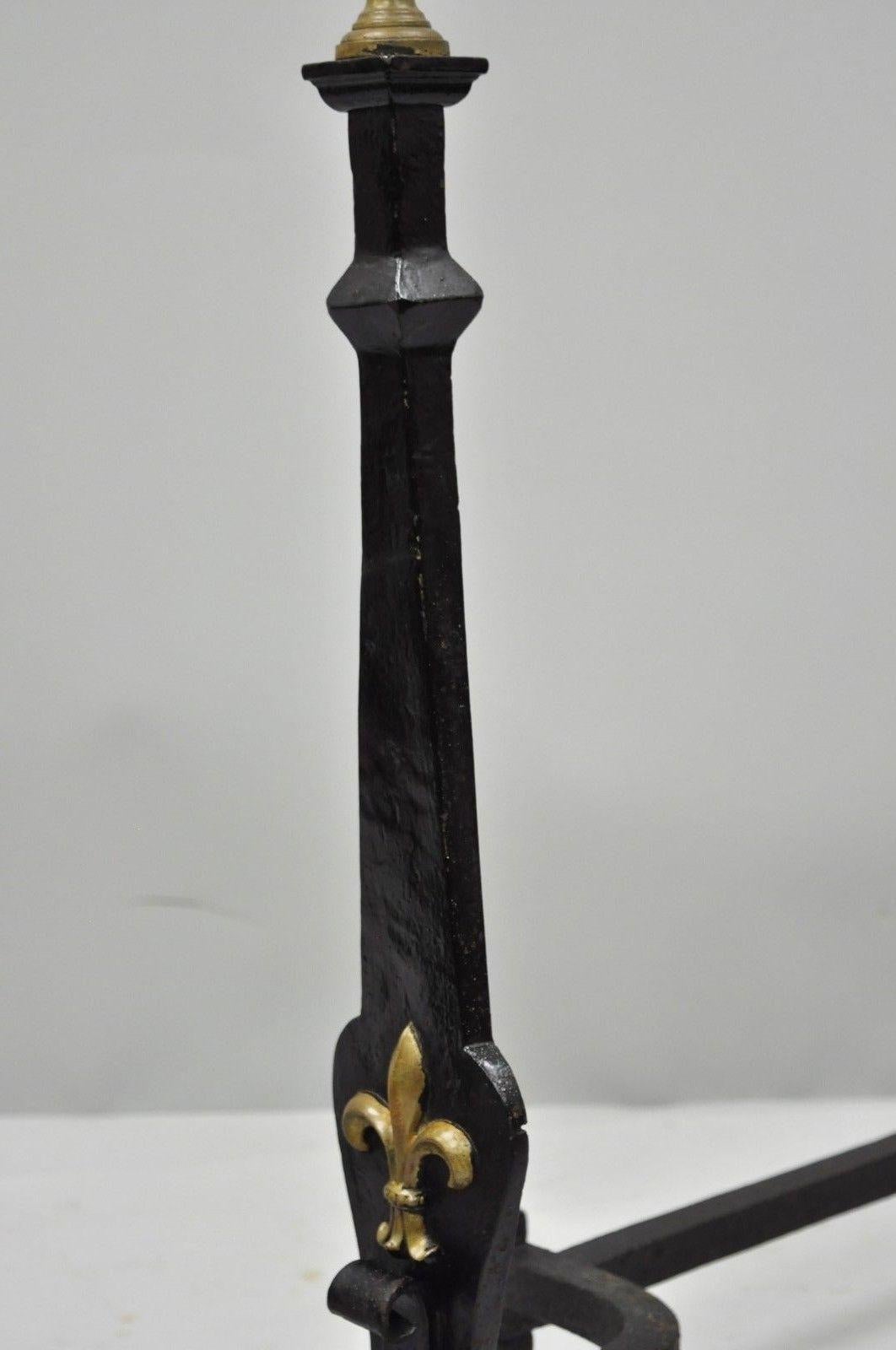 Wrought and Forged Iron Brass Urn Finial Gothic Revival Fireplace Andirons, Pair 6