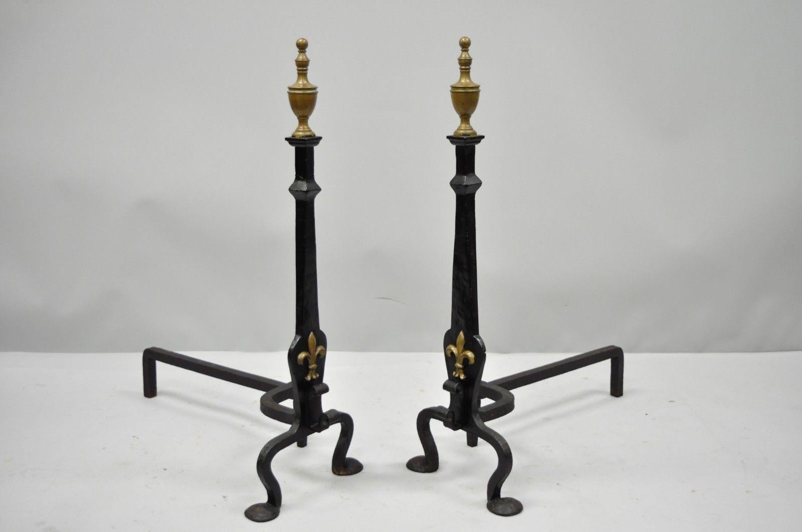 Wrought and Forged Iron Brass Urn Finial Gothic Revival Fireplace Andirons, Pair 7