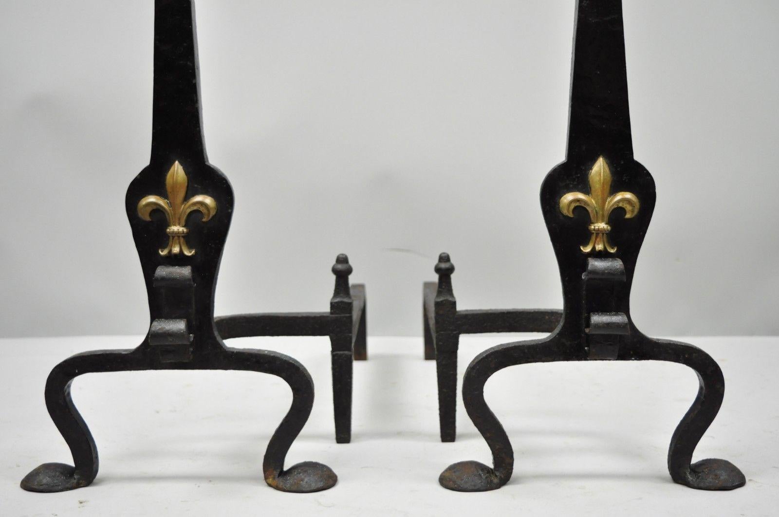 Wrought and Forged Iron Brass Urn Finial Gothic Revival Fireplace Andirons, Pair In Good Condition In Philadelphia, PA