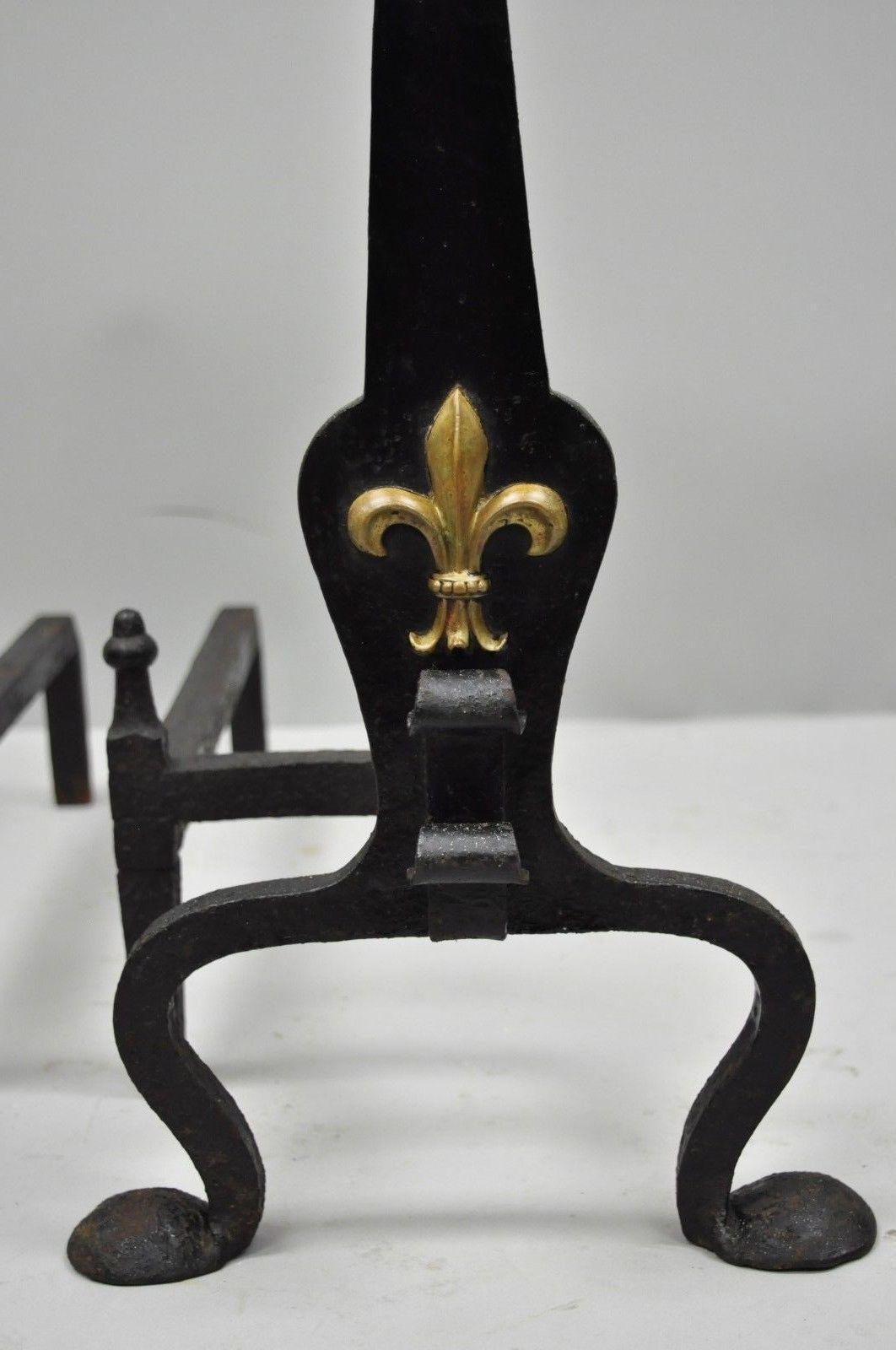 Early 20th Century Wrought and Forged Iron Brass Urn Finial Gothic Revival Fireplace Andirons, Pair