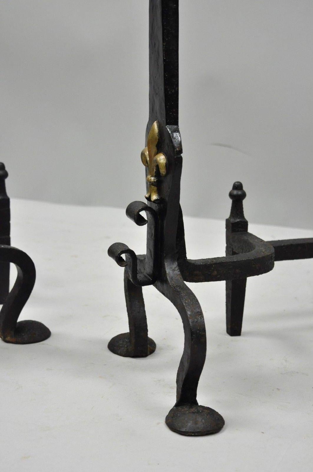 Wrought and Forged Iron Brass Urn Finial Gothic Revival Fireplace Andirons, Pair 1