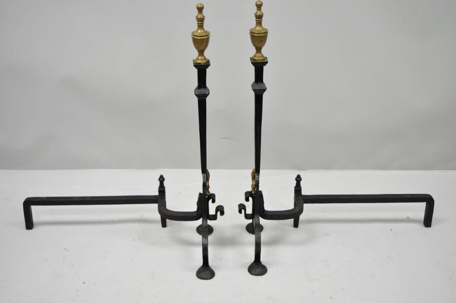Wrought and Forged Iron Brass Urn Finial Gothic Revival Fireplace Andirons, Pair 2