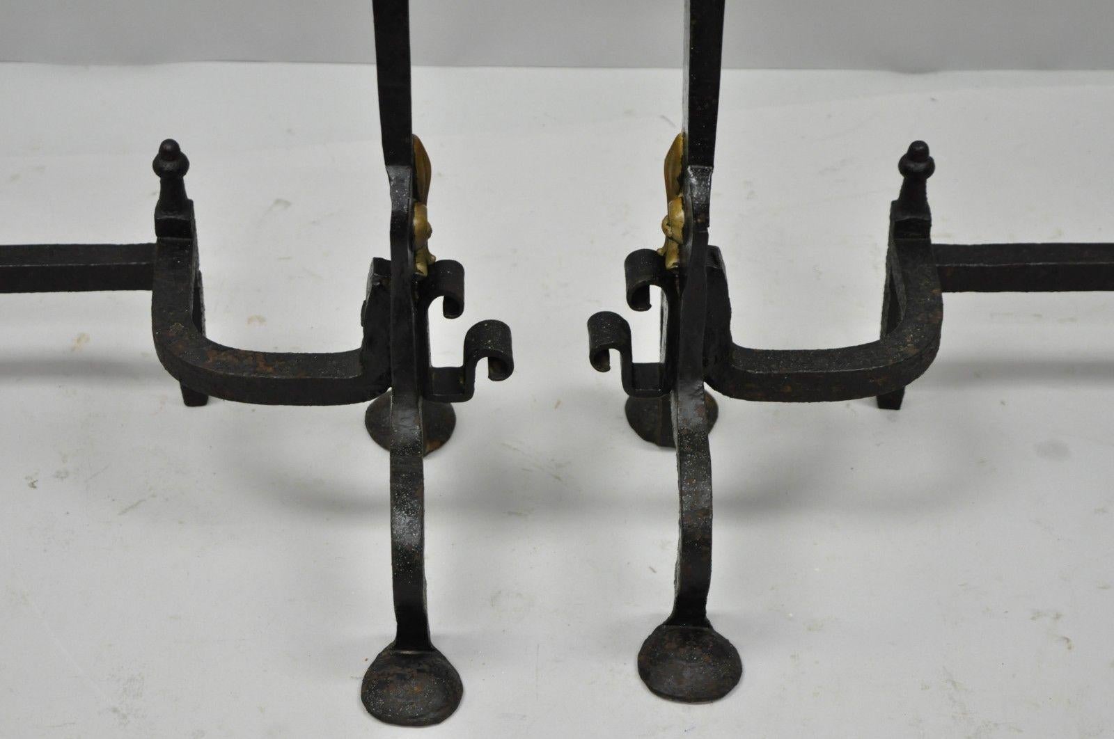 Wrought and Forged Iron Brass Urn Finial Gothic Revival Fireplace Andirons, Pair 3