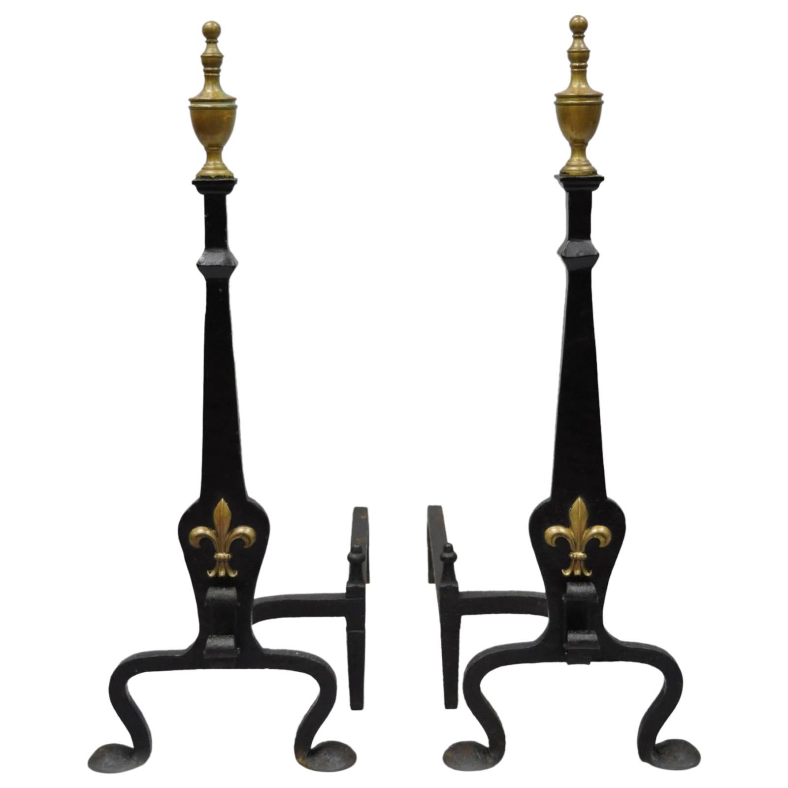 Wrought and Forged Iron Brass Urn Finial Gothic Revival Fireplace Andirons, Pair