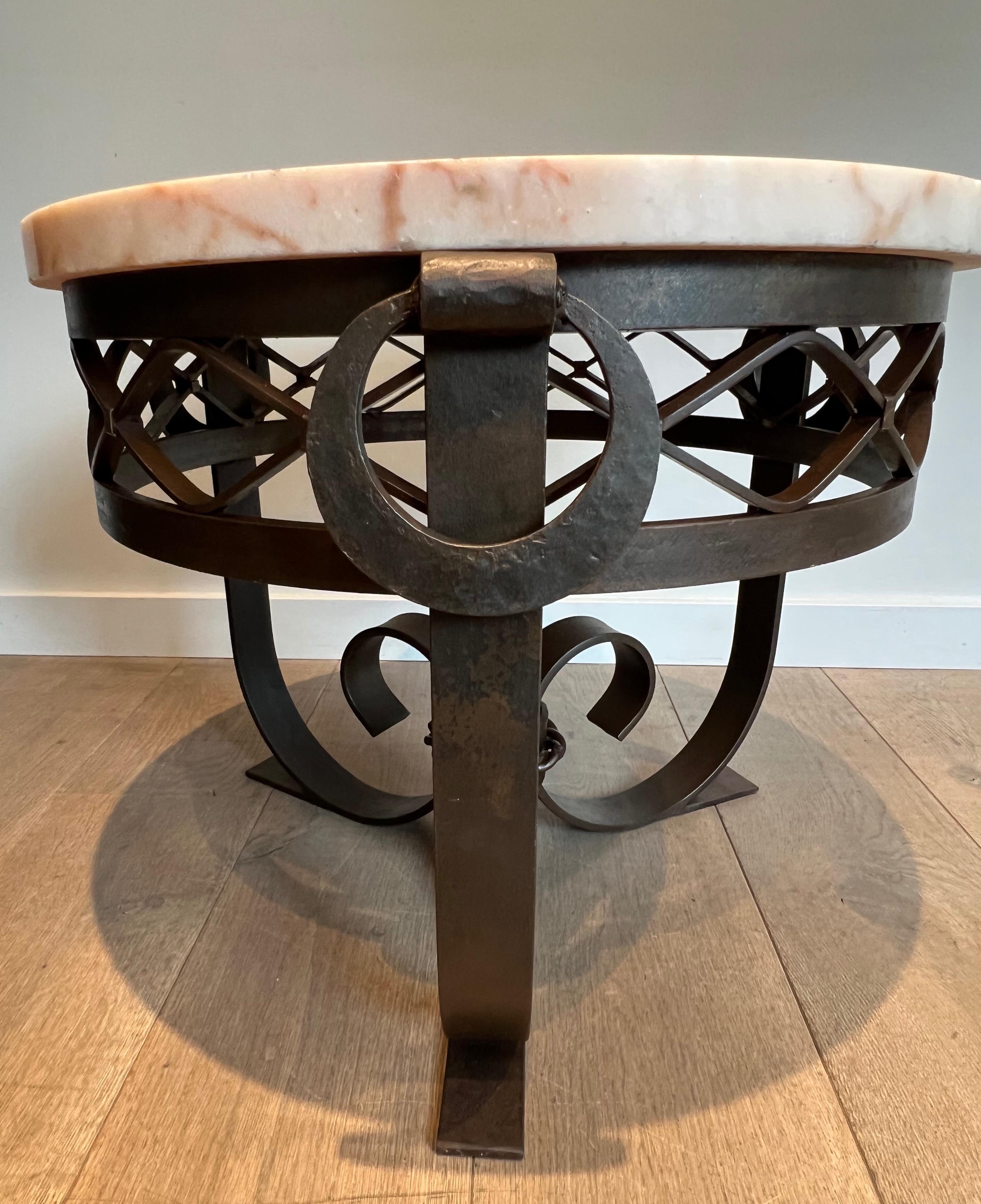 Mid-20th Century Wrought and Hammered Iron Art Deco Gueridon with White Marble Top For Sale