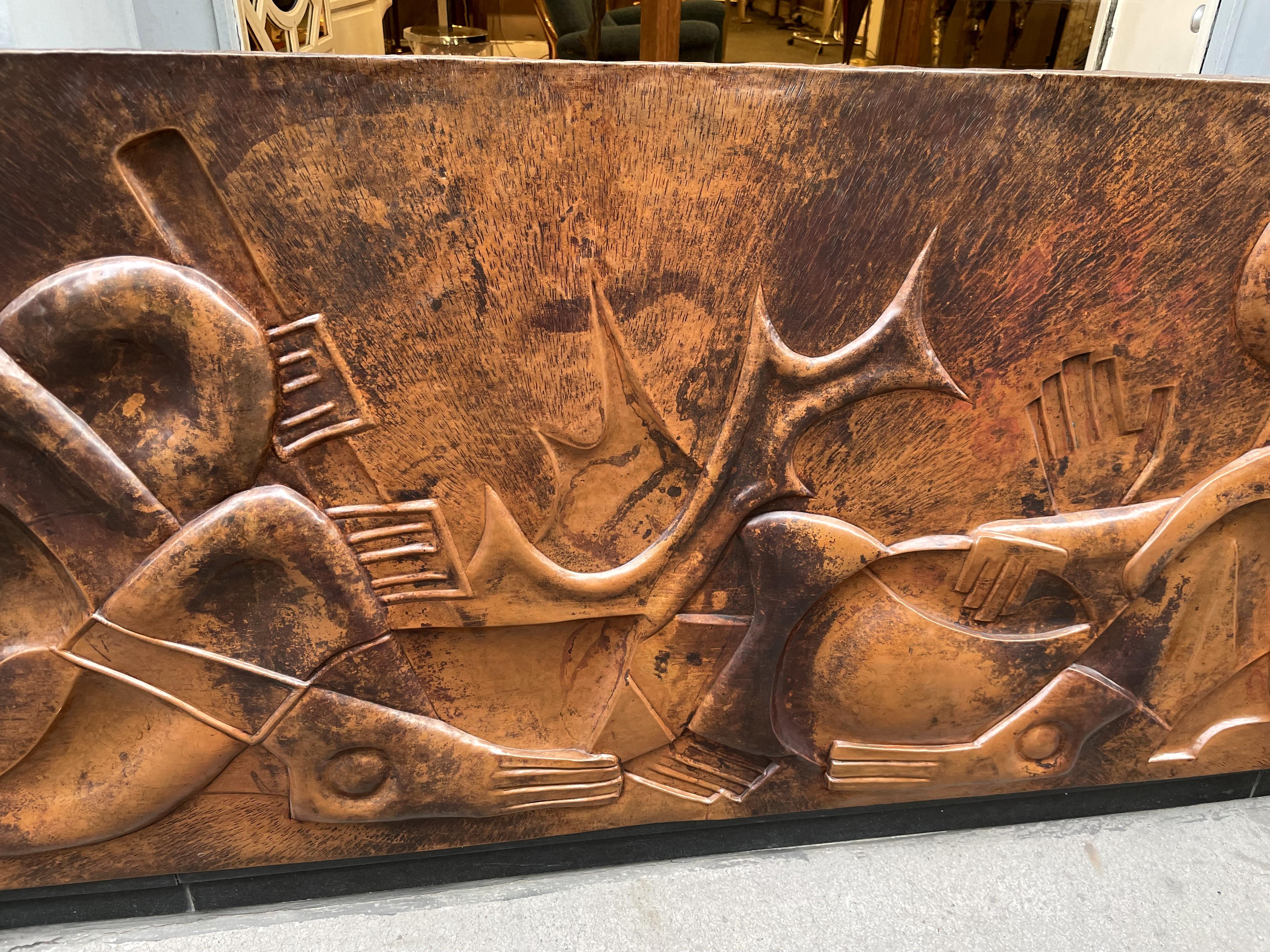 Art Deco Wrought Copper Low-Relief Depicting African Scenes with Cubist Figures For Sale