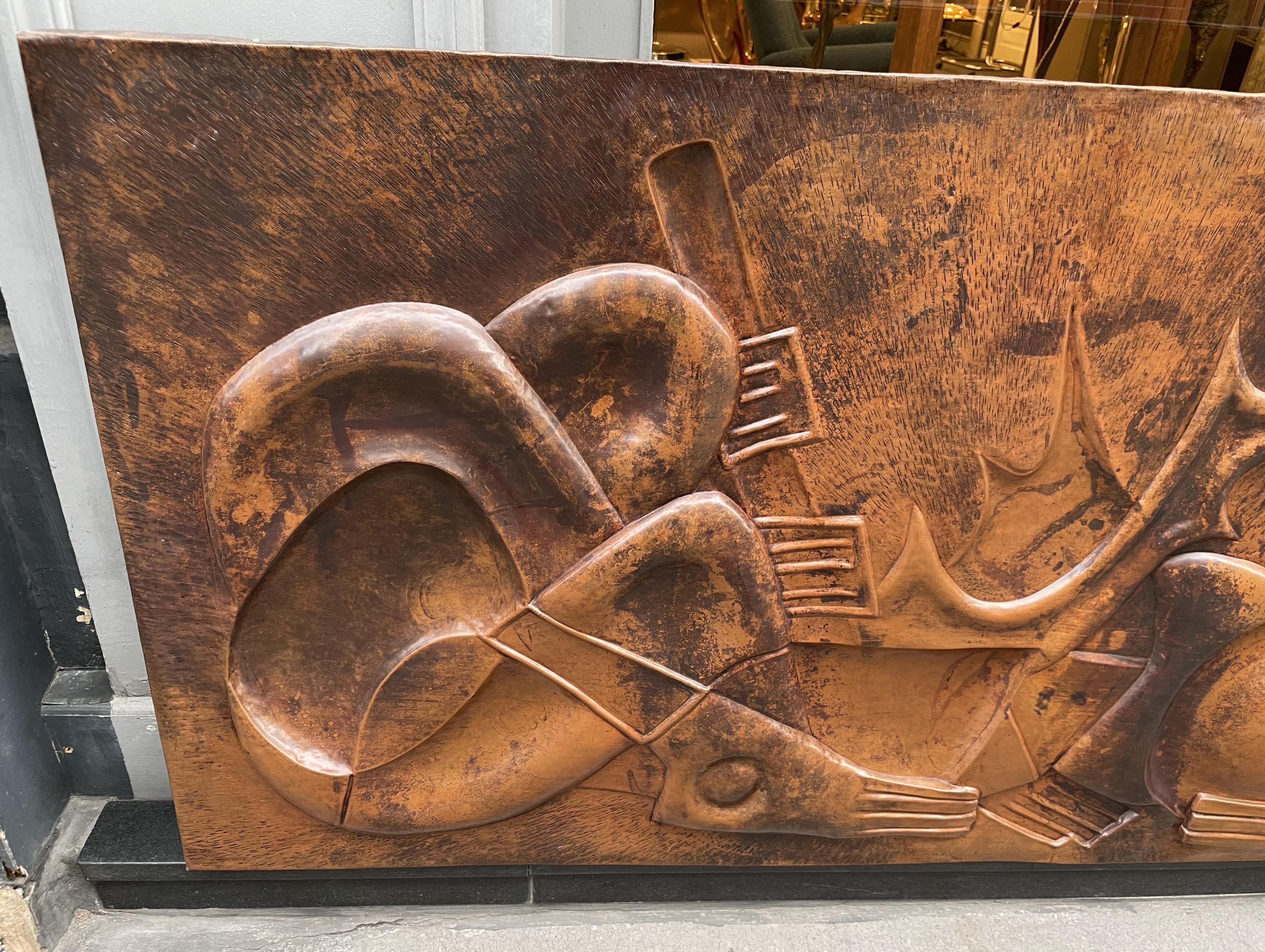 Embossed Wrought Copper Low-Relief Depicting African Scenes with Cubist Figures For Sale