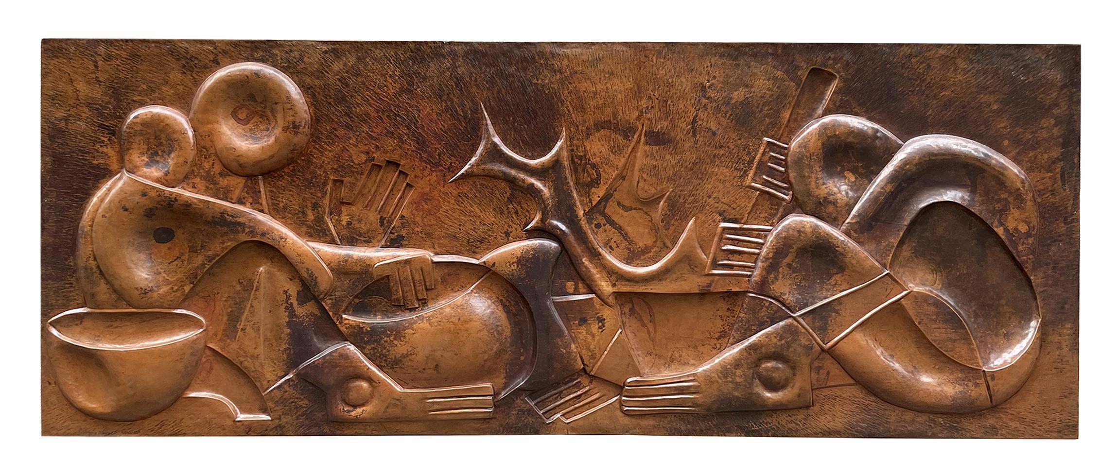 Wrought Copper Low-Relief Depicting African Scenes with Cubist Figures In Good Condition For Sale In Paris, FR