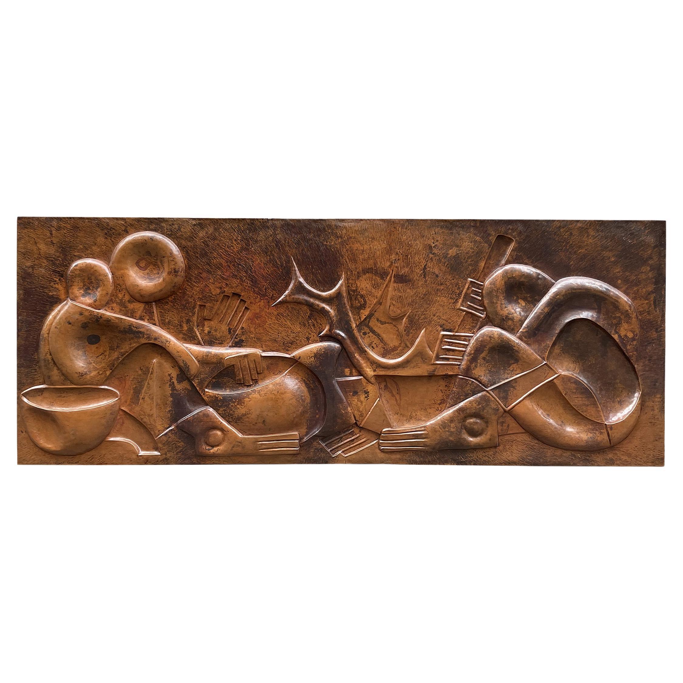 Wrought Copper Low-Relief Depicting African Scenes with Cubist Figures