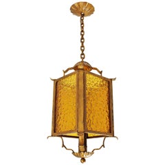 Wrought Gilt Iron and Glass Lantern or Pendant Lamp