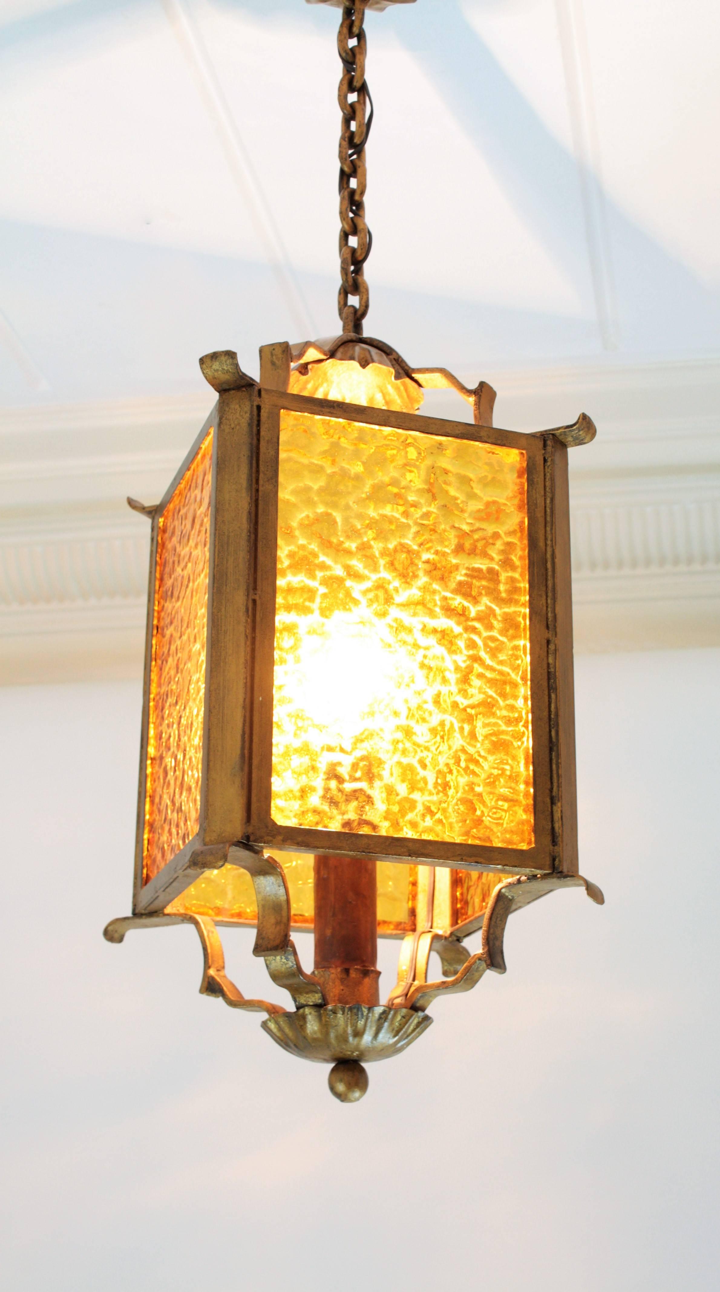 Chinoiserie Wrought Gilt Iron and Glass Lantern or Pendant Lamp