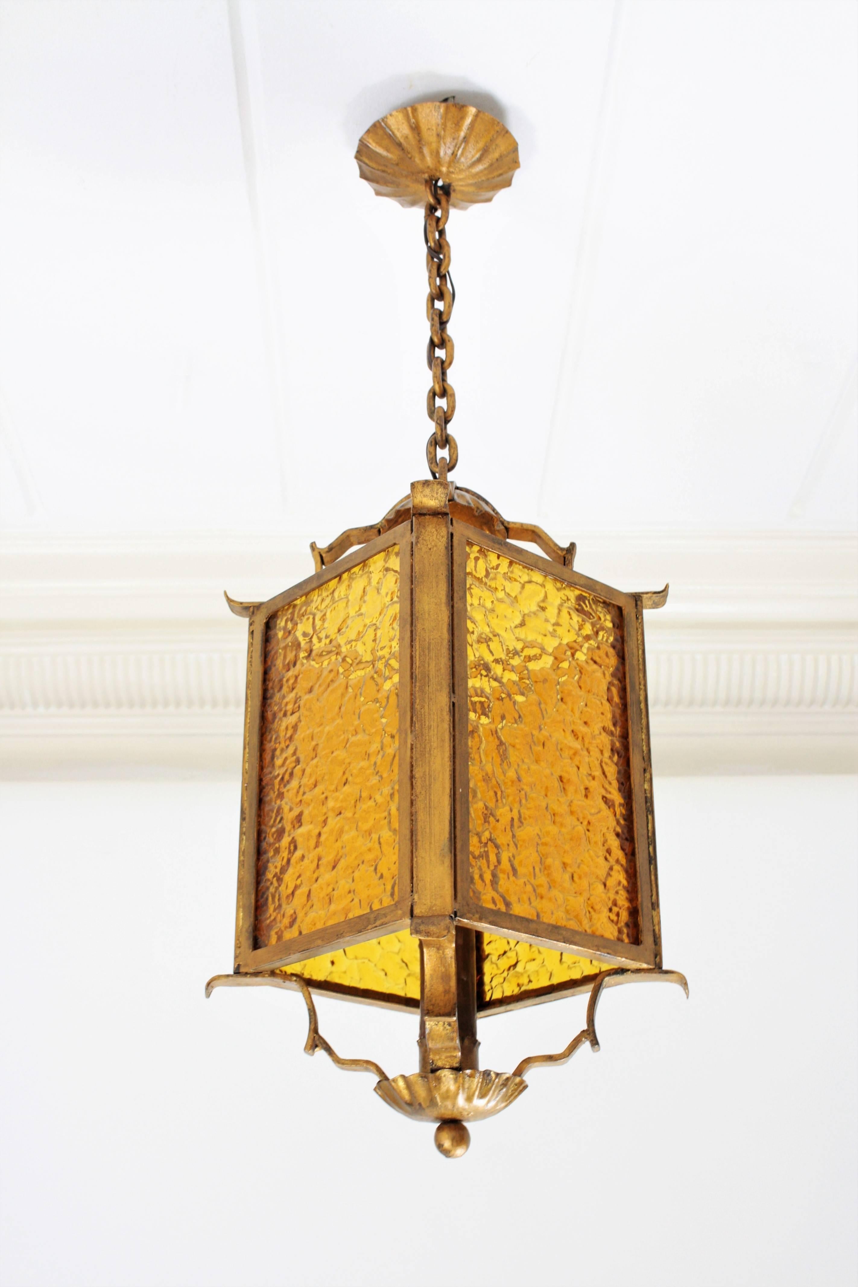 Spanish Wrought Gilt Iron and Glass Lantern or Pendant Lamp