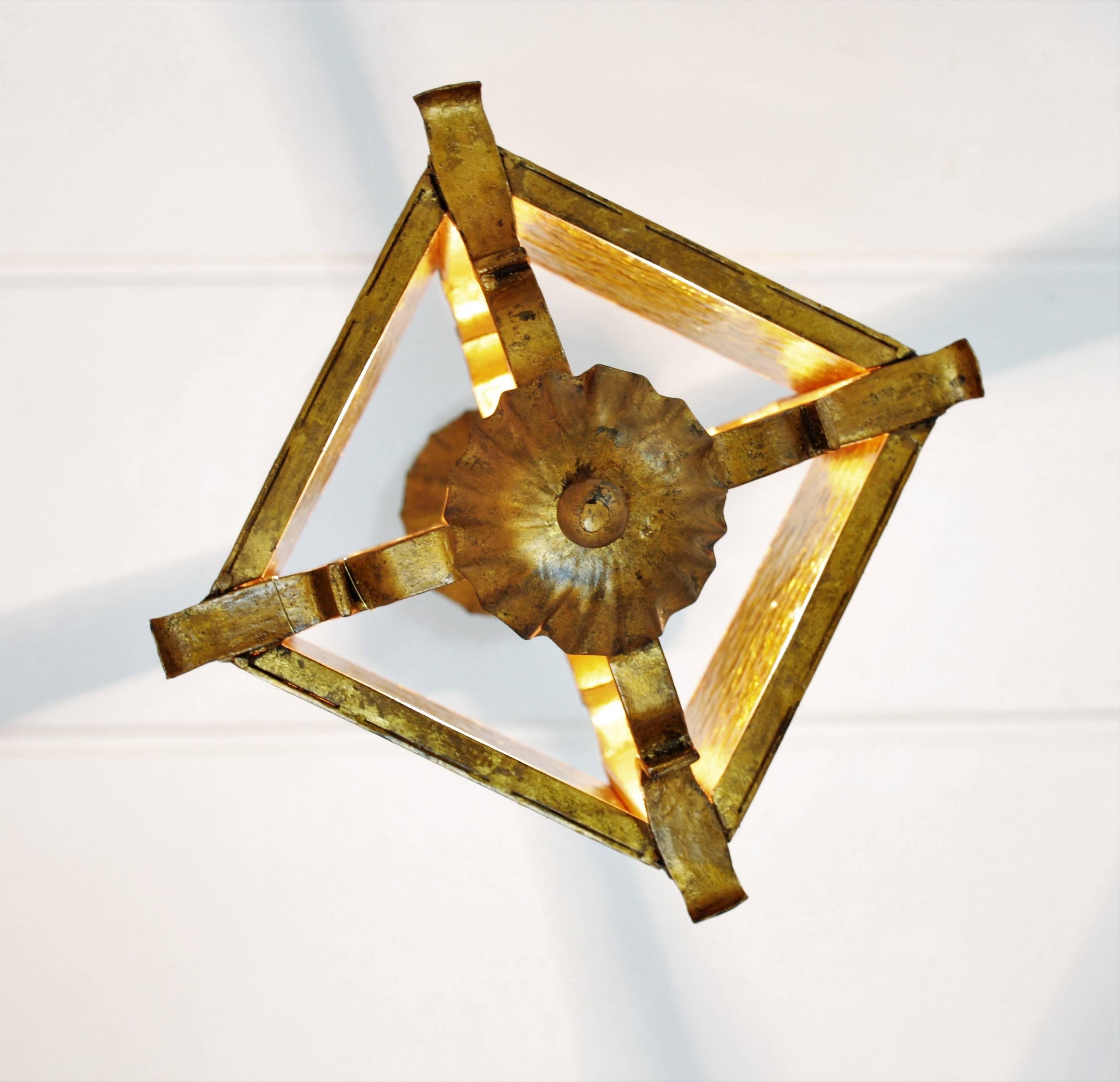 20th Century Wrought Gilt Iron and Glass Lantern or Pendant Lamp