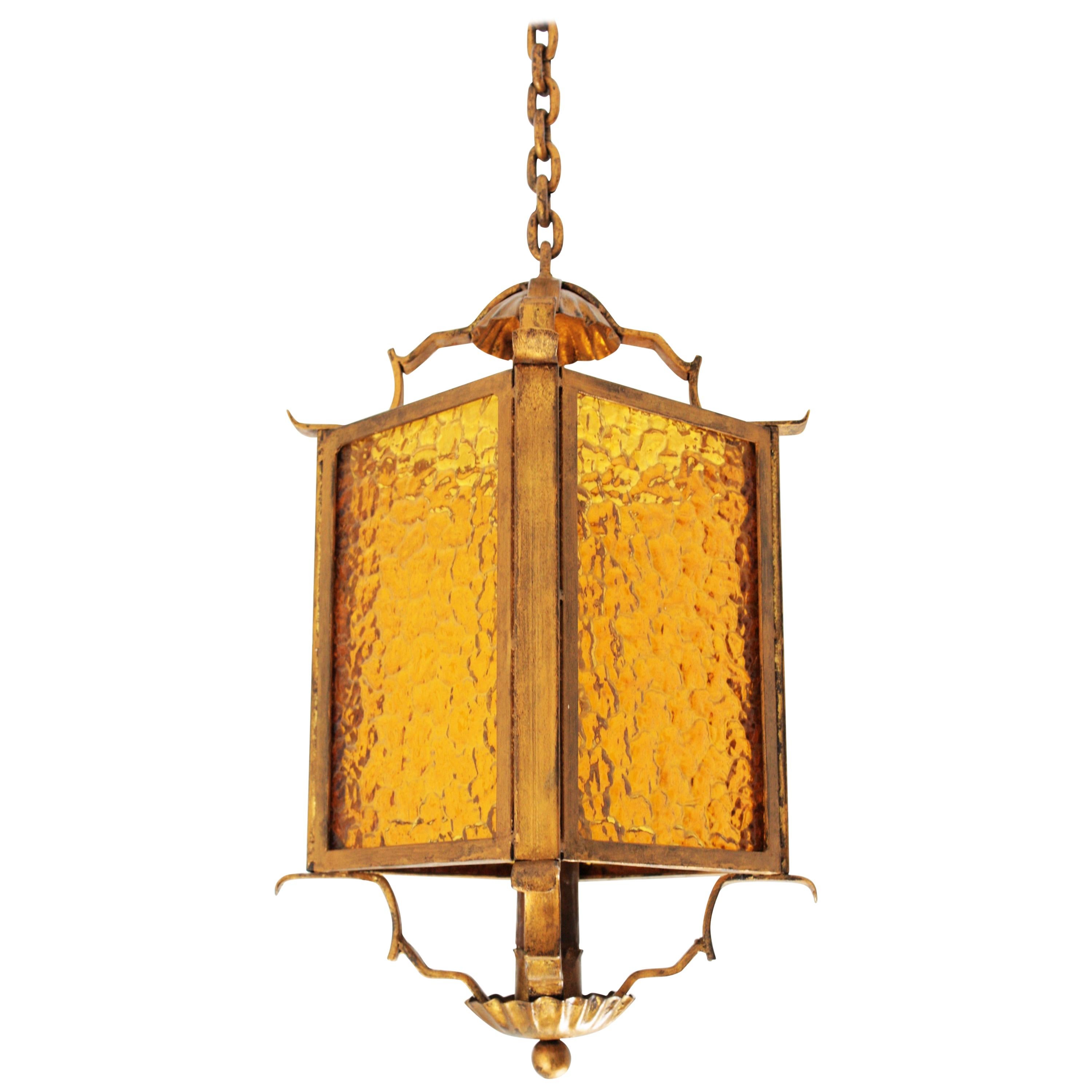 Wrought Gilt Iron and Glass Lantern or Pendant Lamp