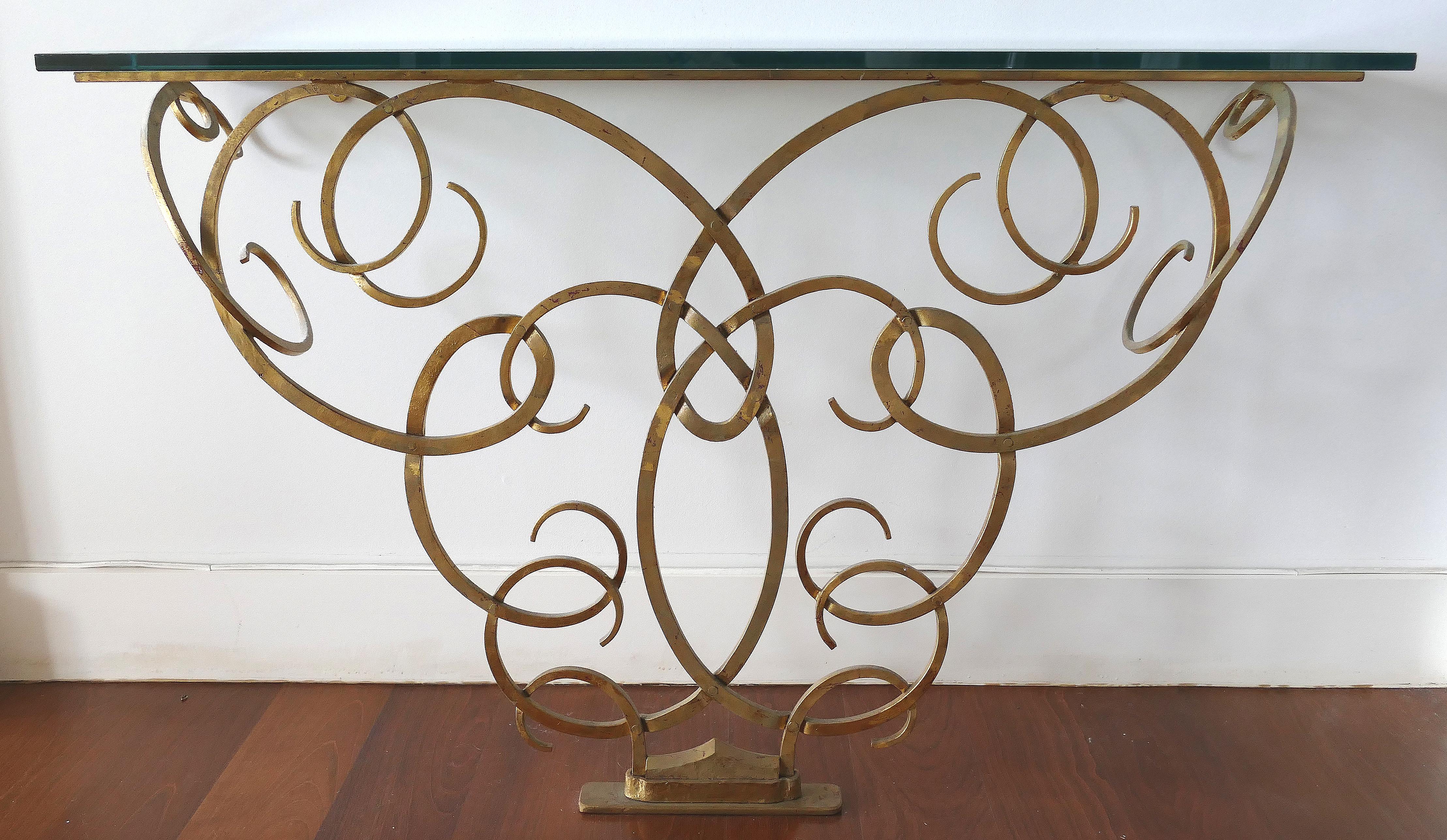 Wrought Gilt Iron Console after Raymond Subes with Glass Top 3