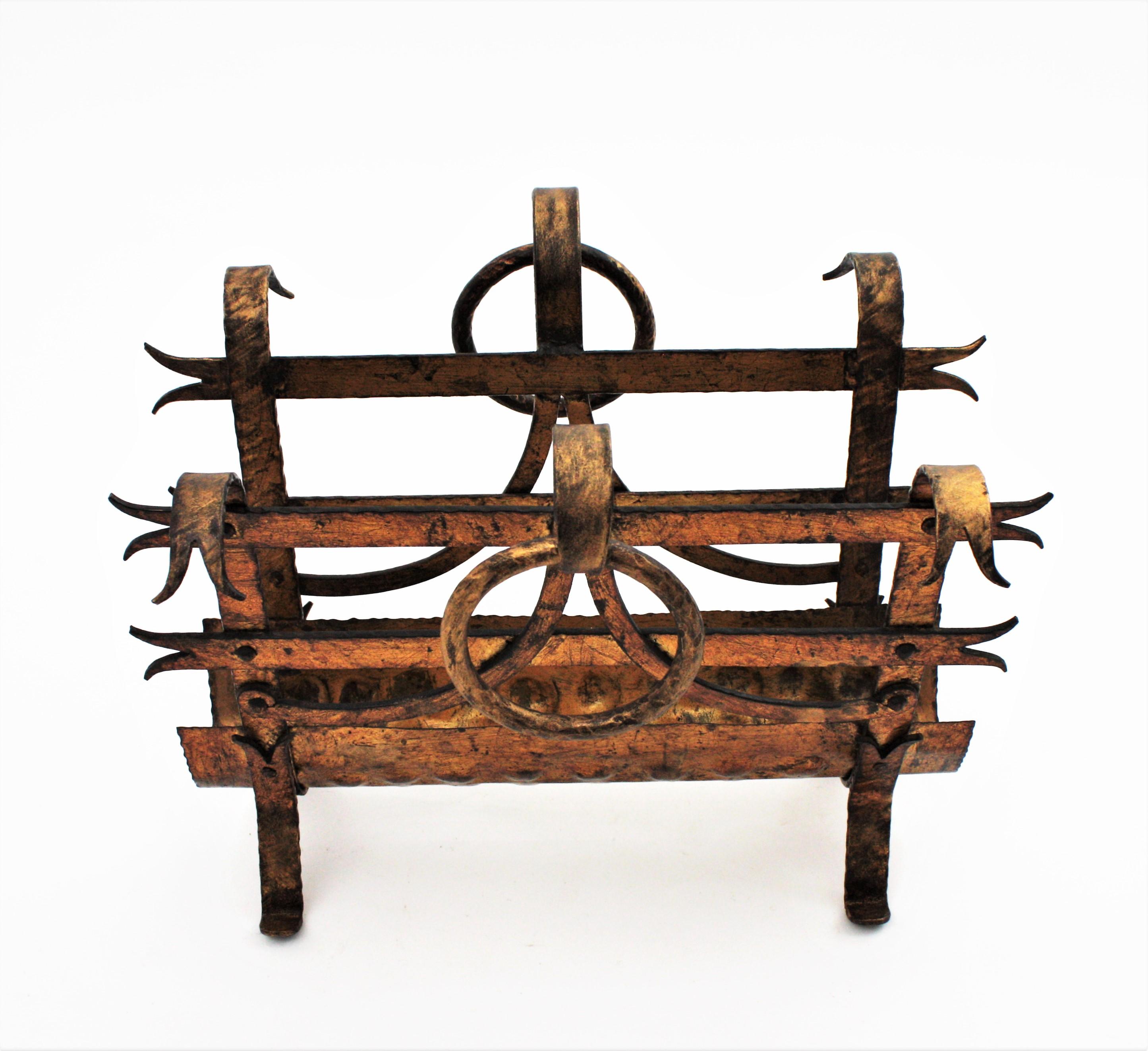 Spanish Magazine Rack with Ring Handles, Gilt Wrought Iron, 1950s For Sale 2