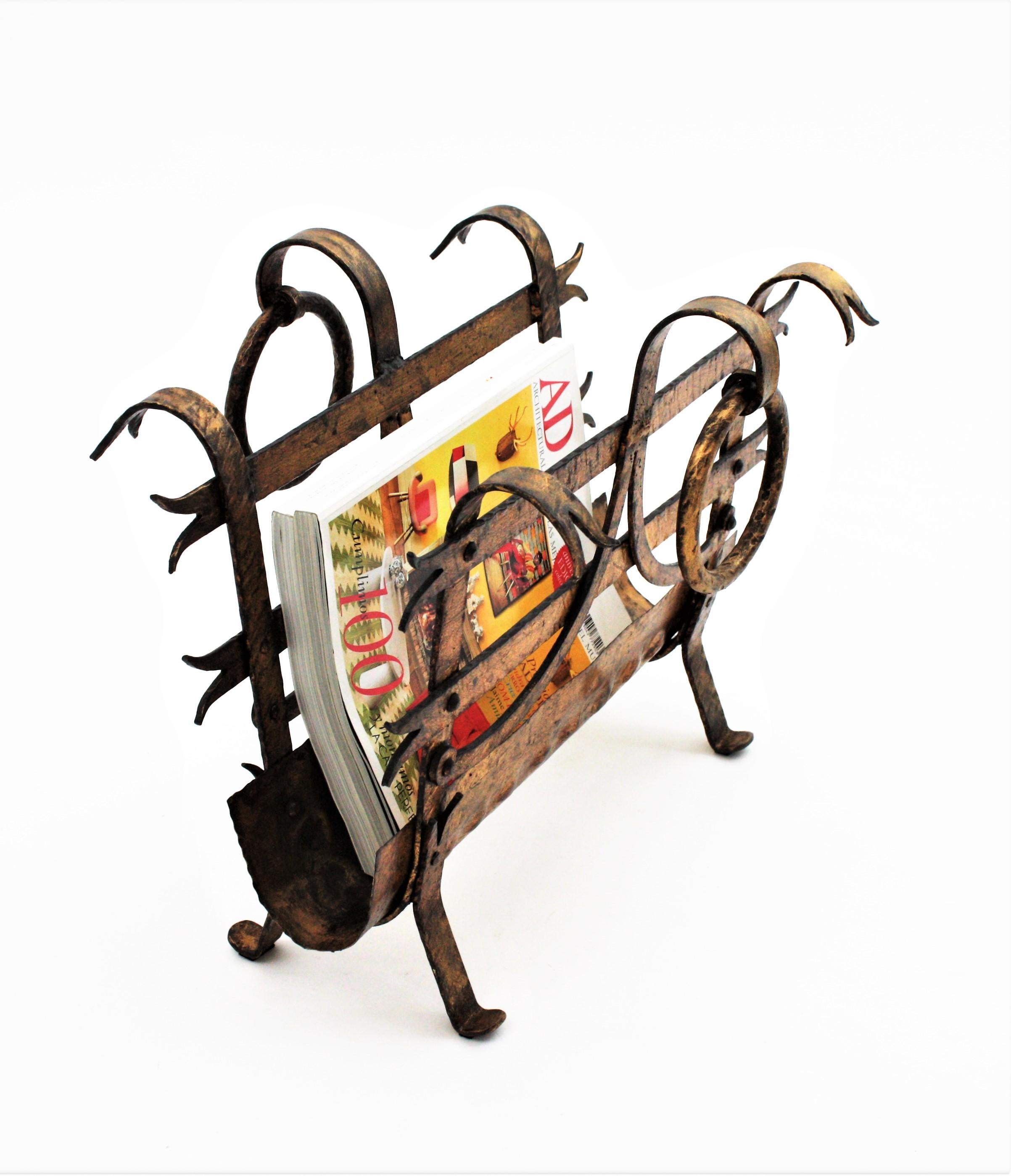 Forged Spanish Magazine Rack with Ring Handles, Gilt Wrought Iron, 1950s For Sale