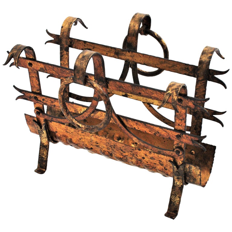 Spanish Magazine Rack with Ring Handles, Gilt Wrought Iron, 1950s For ...