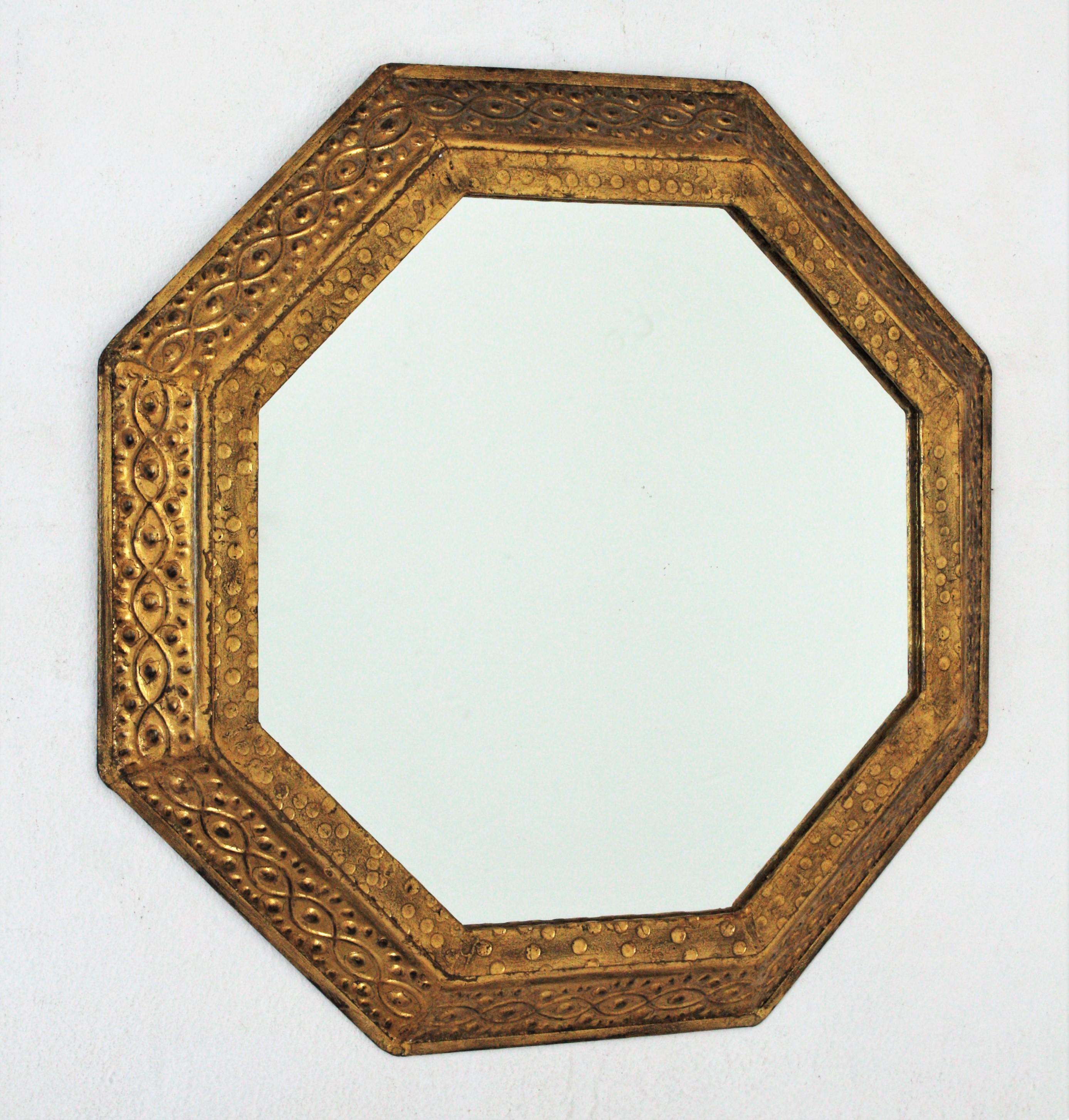 Mid-Century Modern Spanish Octagonal Mirror in Repousse Gilt Iron by Ferro Art, 1950s For Sale