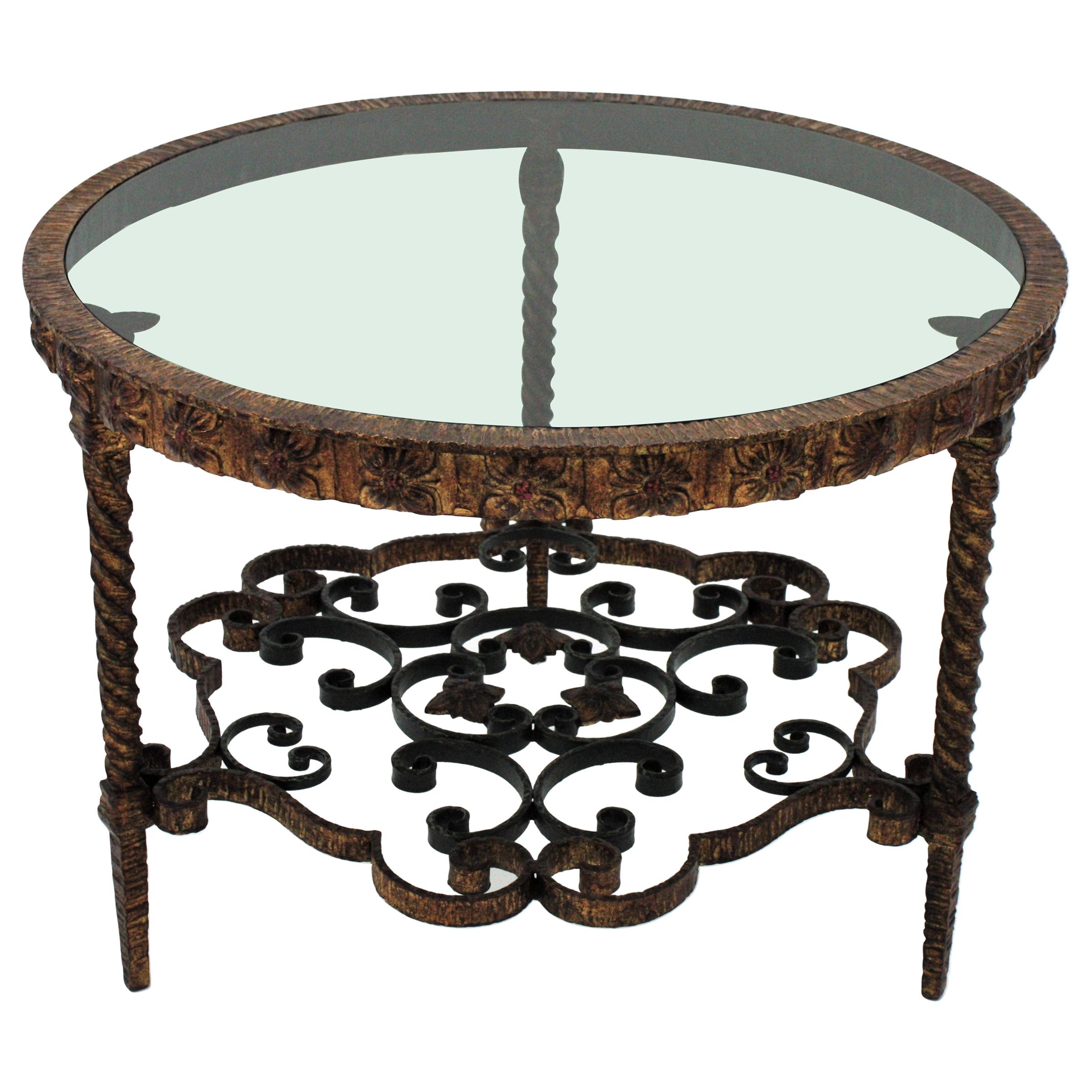 Coffee or Side Table in Wrought Gilt Iron and Smoked Glass