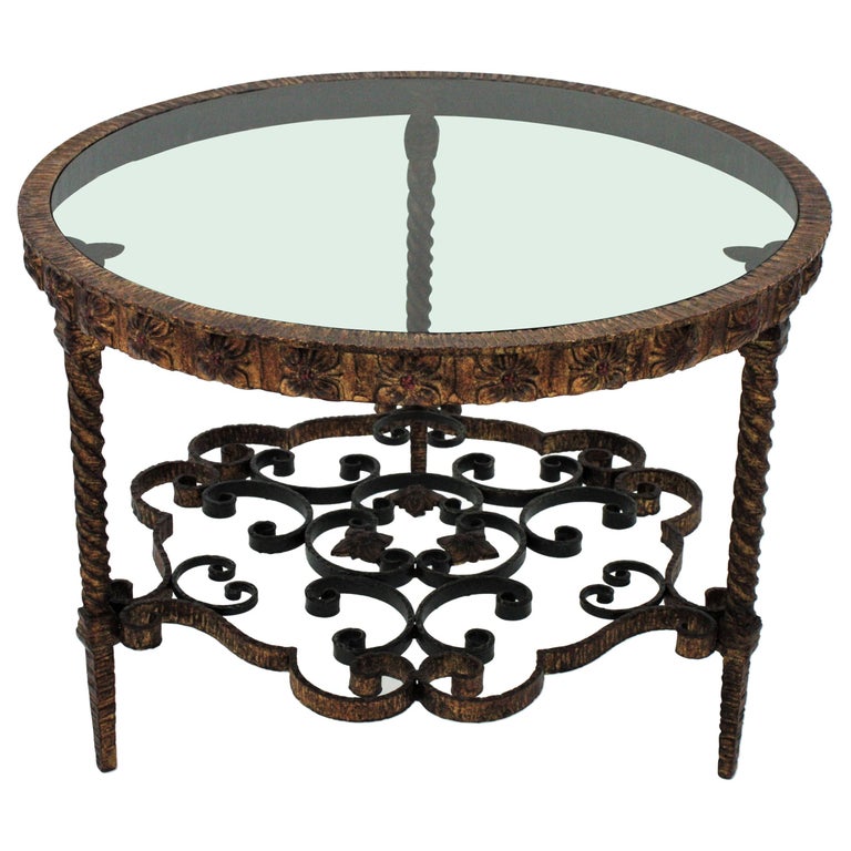 Wrought Gilt Iron And Smoked Glass, Round Glass Wrought Iron Coffee Table