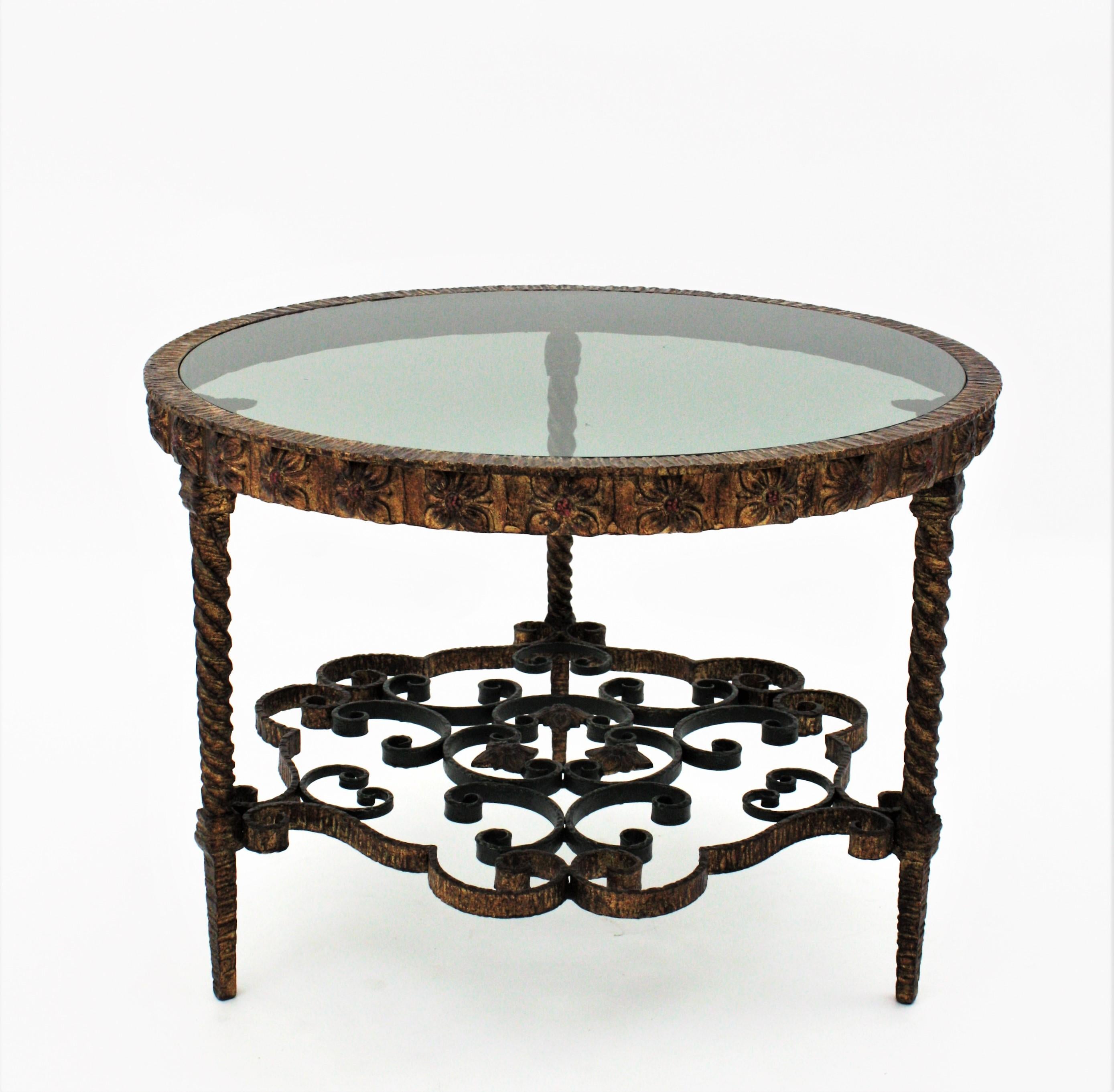 Spanish Gilt Wrought Iron Coffee Table with Smoked Glass Top For Sale 5