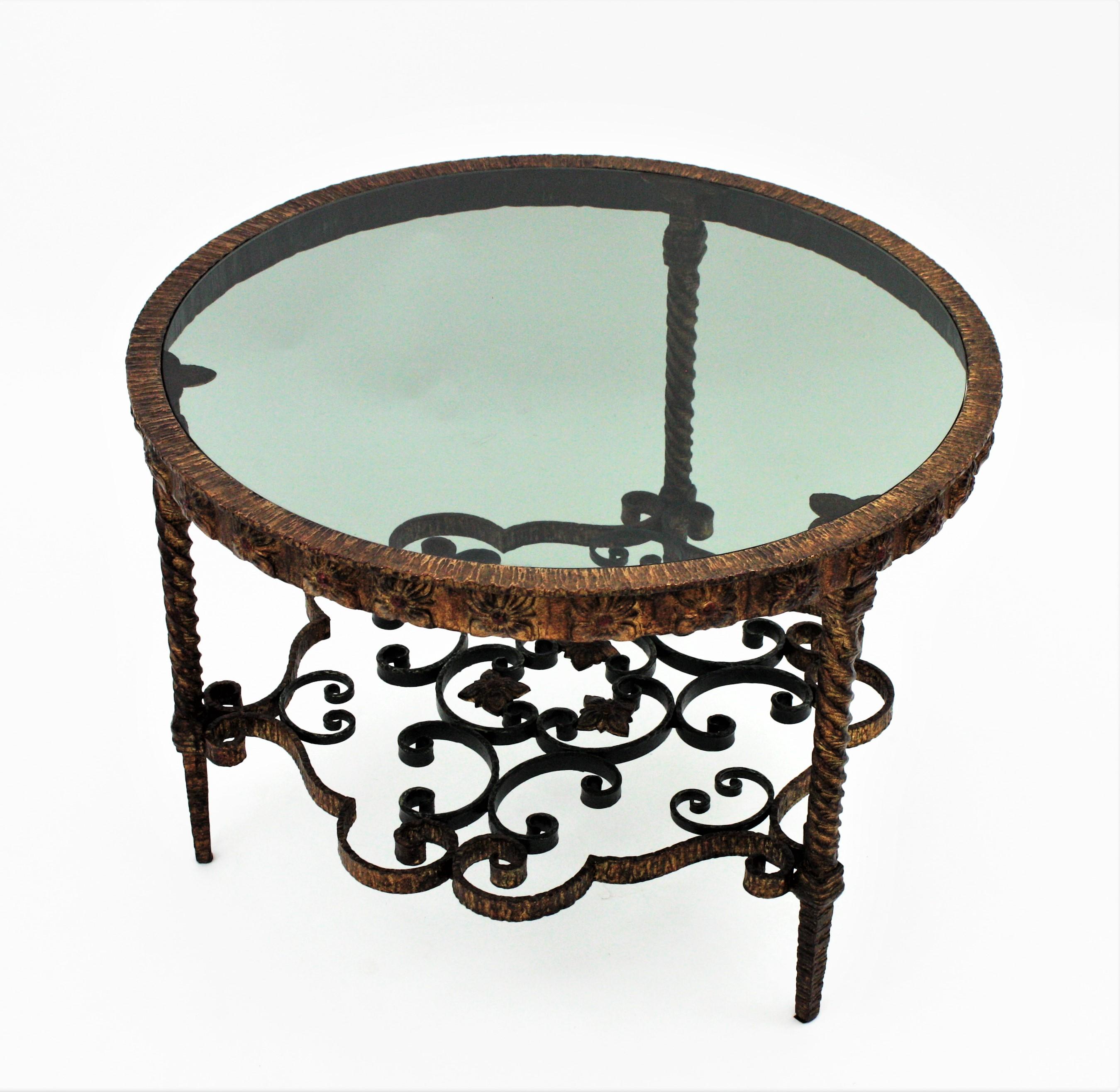 Spanish Gilt Wrought Iron Coffee Table with Smoked Glass Top For Sale 6