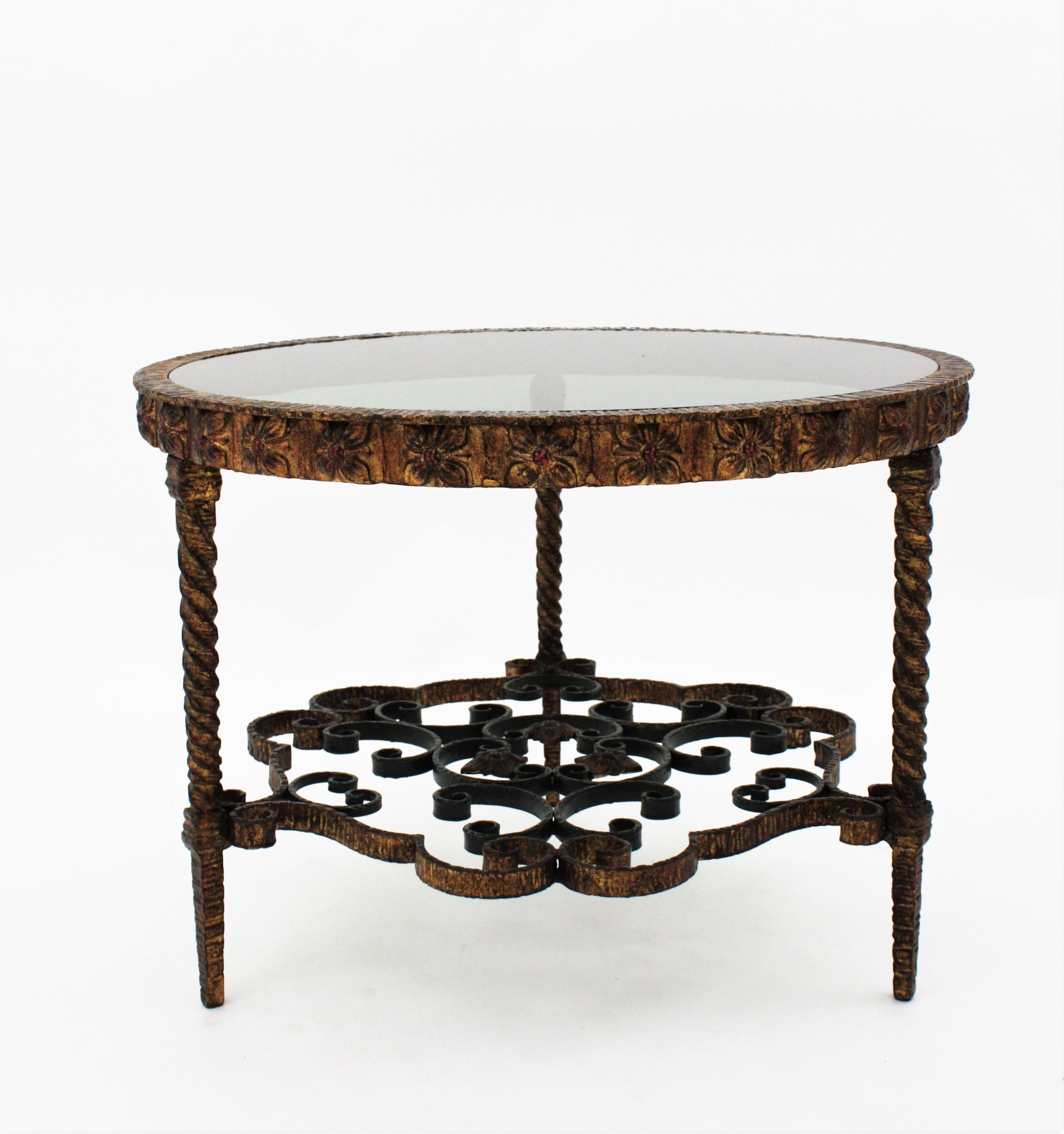 Spanish Gilt Wrought Iron Coffee Table with Smoked Glass Top For Sale 8