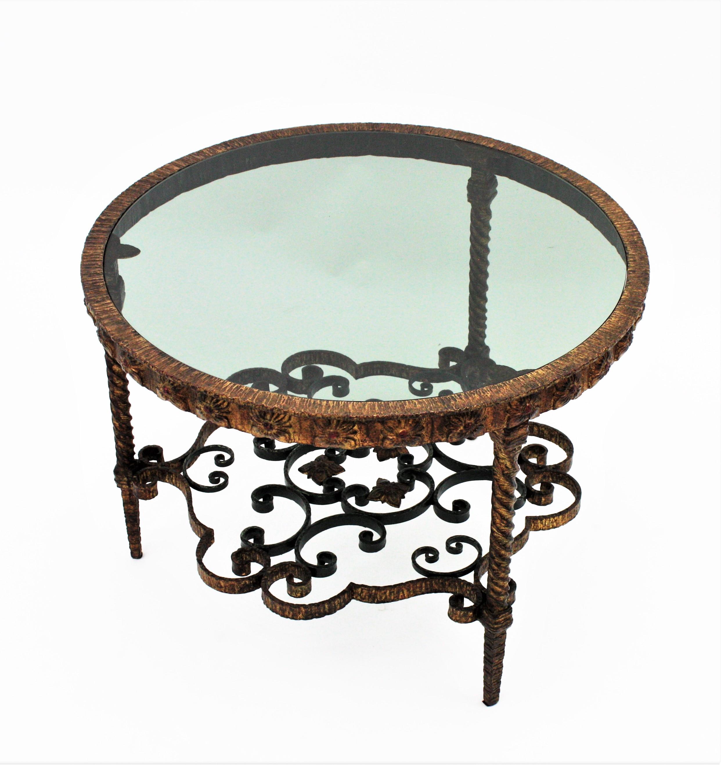 Spanish Gilt Wrought Iron Coffee Table with Smoked Glass Top For Sale 9
