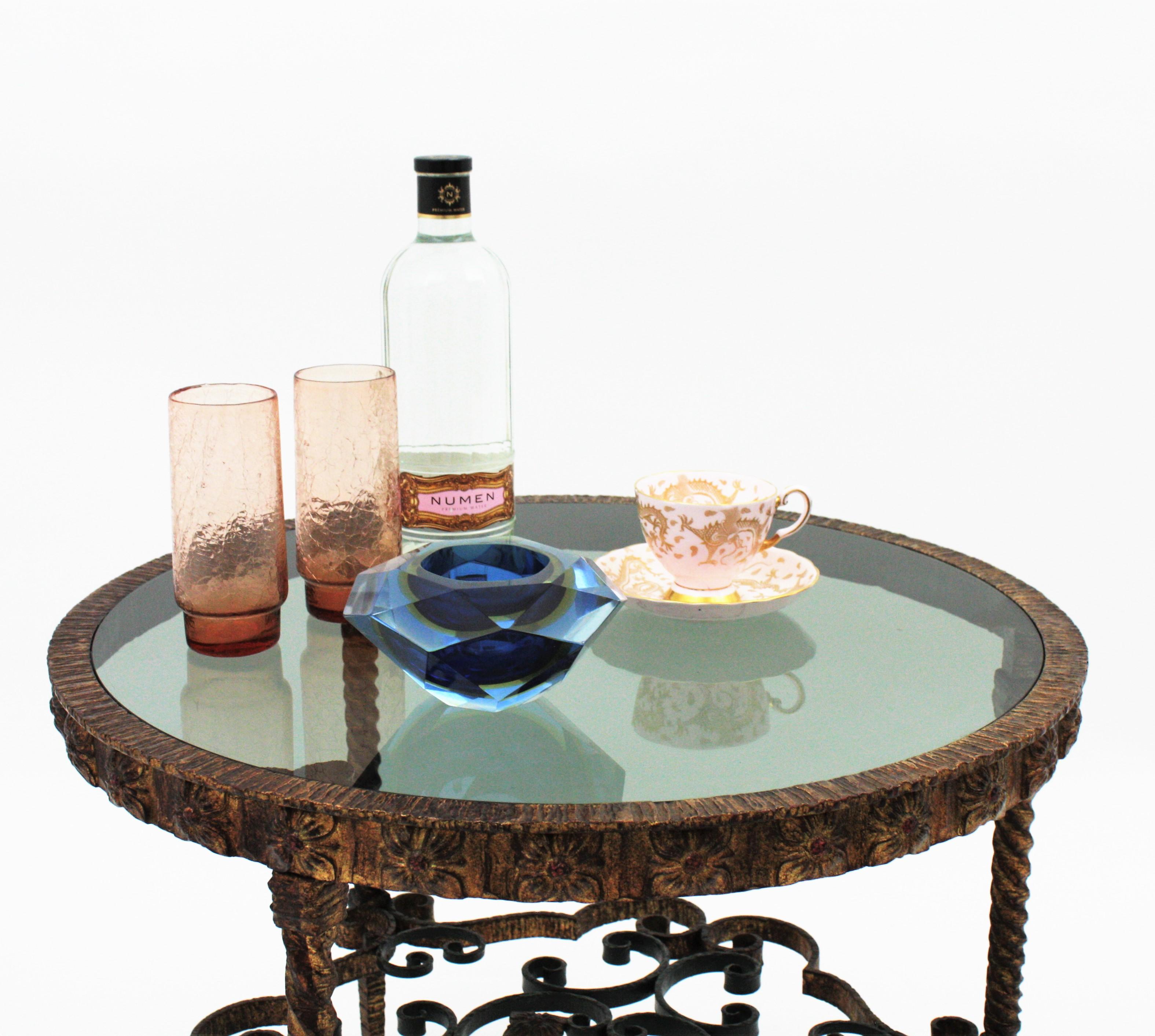 Mid-Century Modern Spanish Gilt Wrought Iron Coffee Table with Smoked Glass Top For Sale