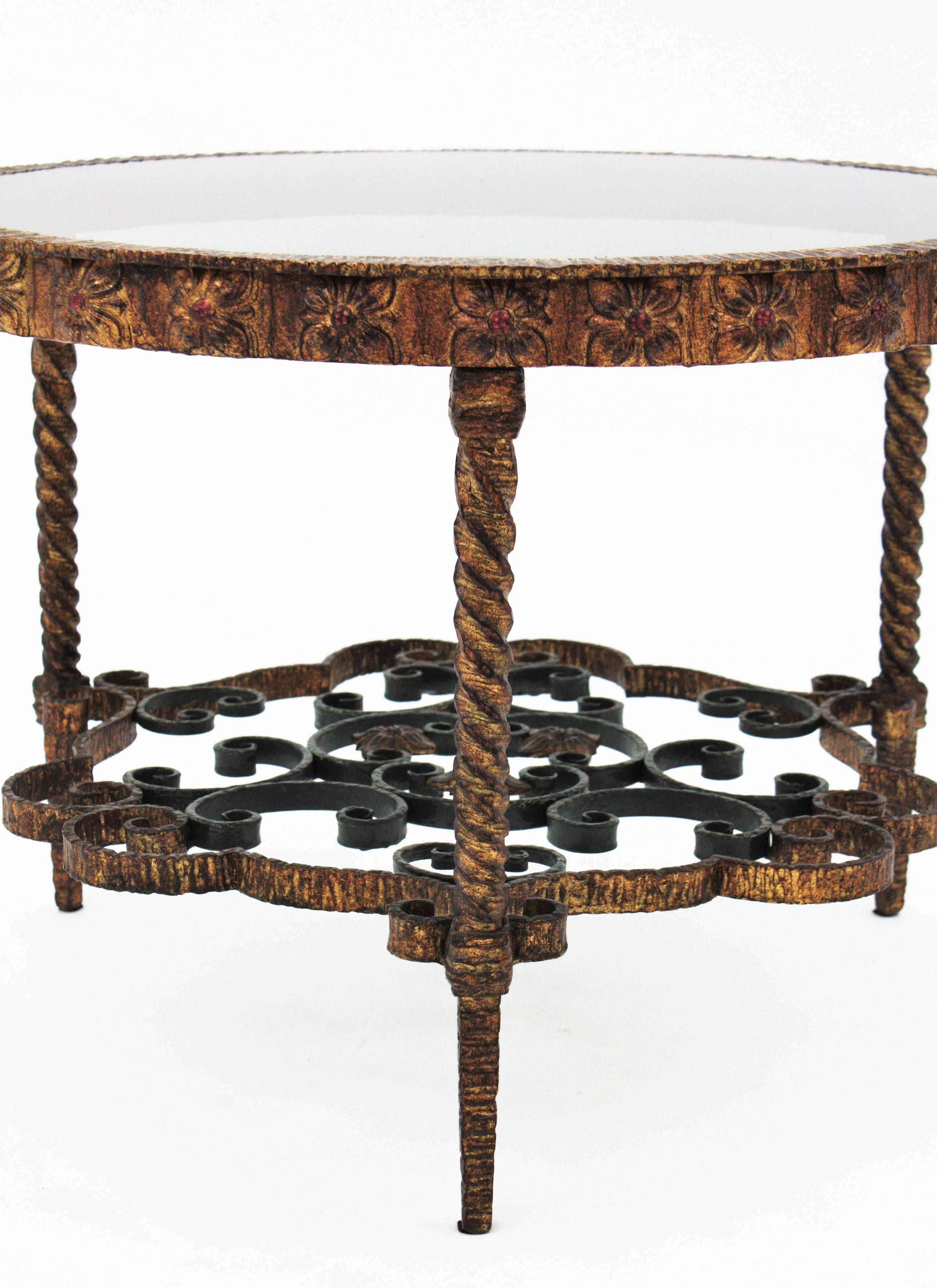 Gold Leaf Spanish Gilt Wrought Iron Coffee Table with Smoked Glass Top For Sale