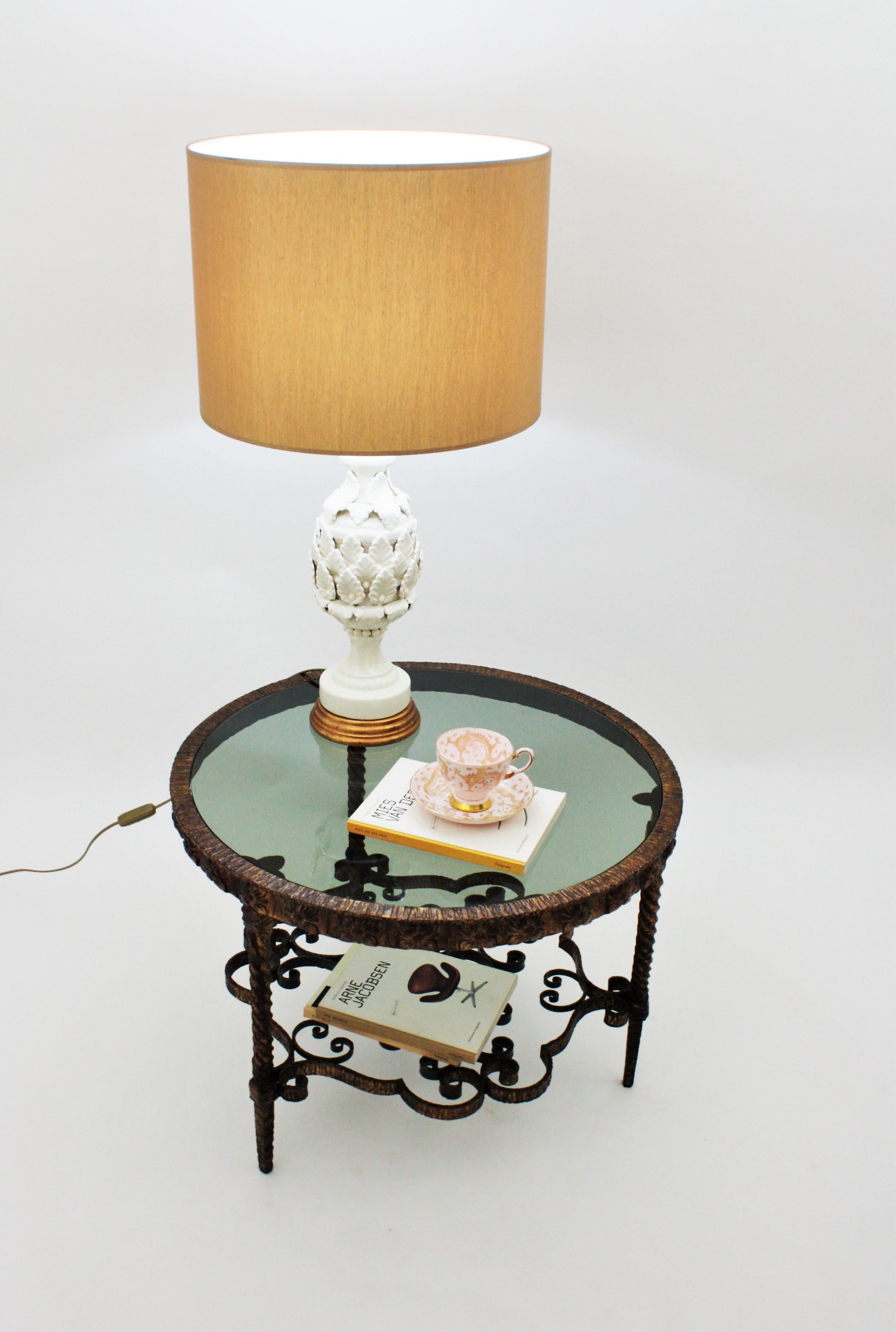 20th Century Spanish Gilt Wrought Iron Coffee Table with Smoked Glass Top